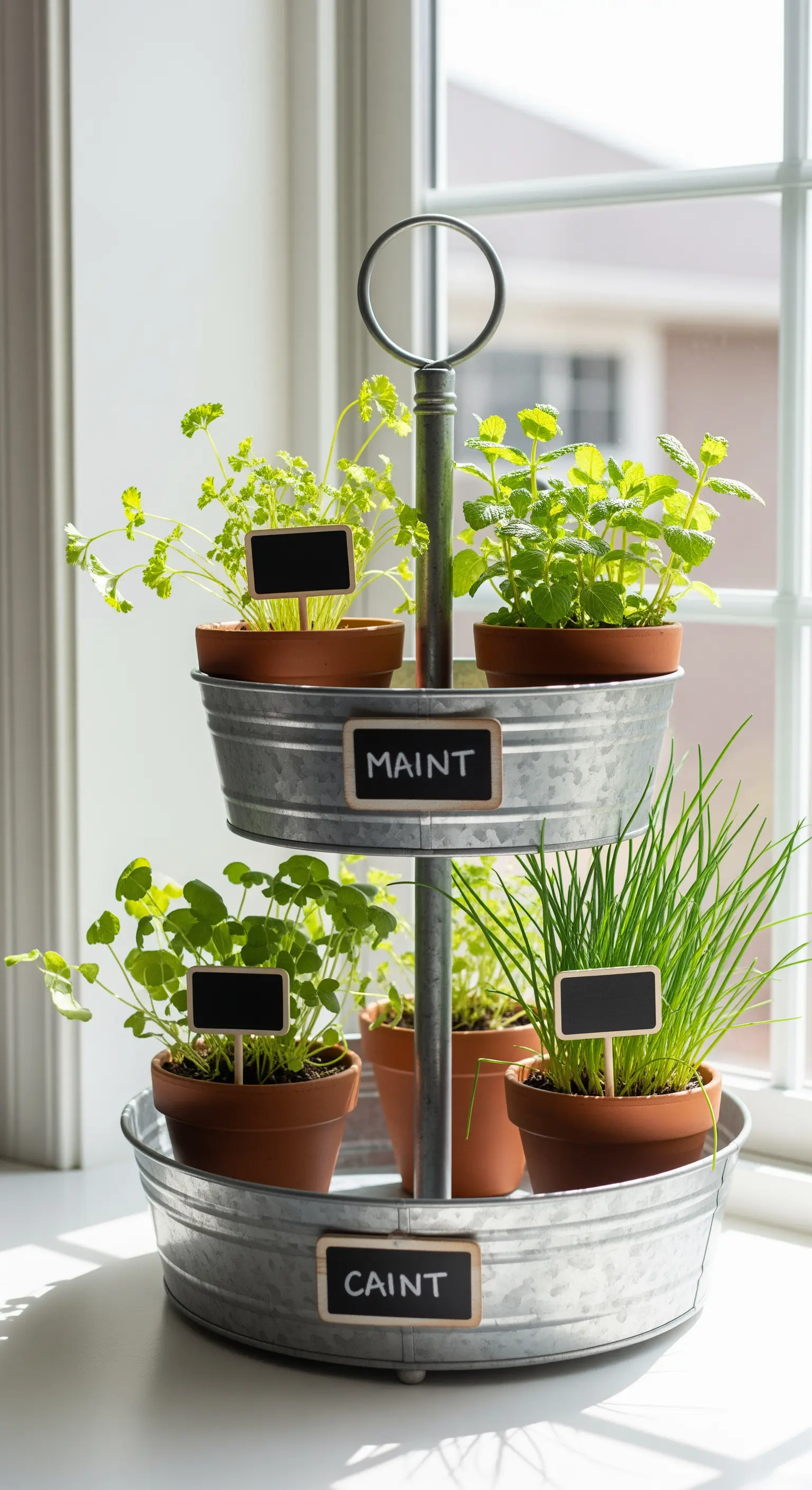 Zweistöckige Metall-Etagere als Mini-Kräutergarten mit Töpfen und Schildern.