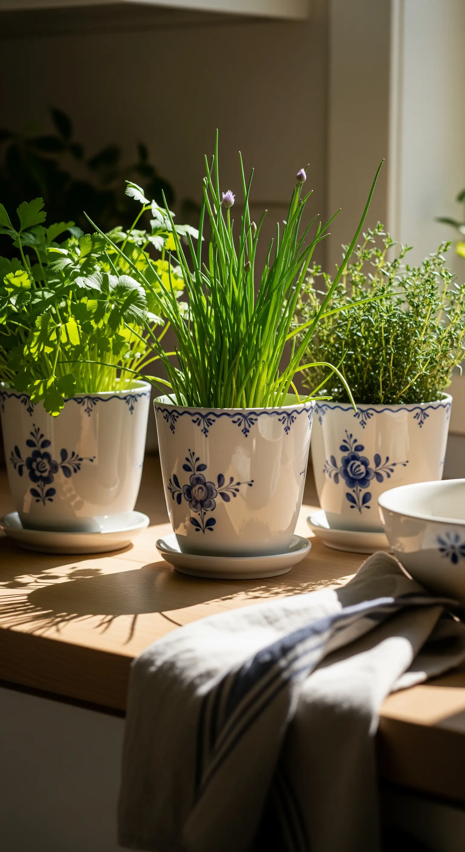 Frische Kräuter in blau-weißen Delft-Keramiktöpfen auf der Fensterbank