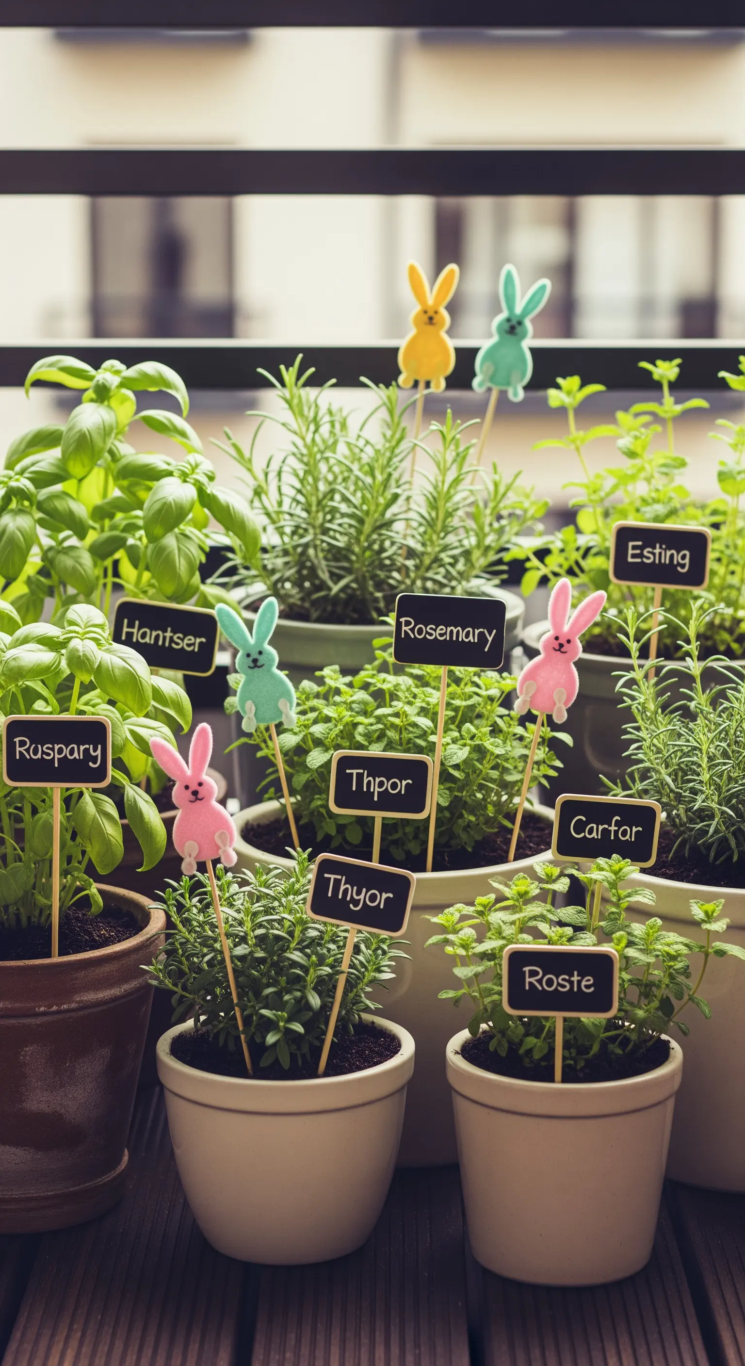 Kräutertöpfe mit Hasen-Pflanzensteckern und Namensschildern auf dem Balkon
