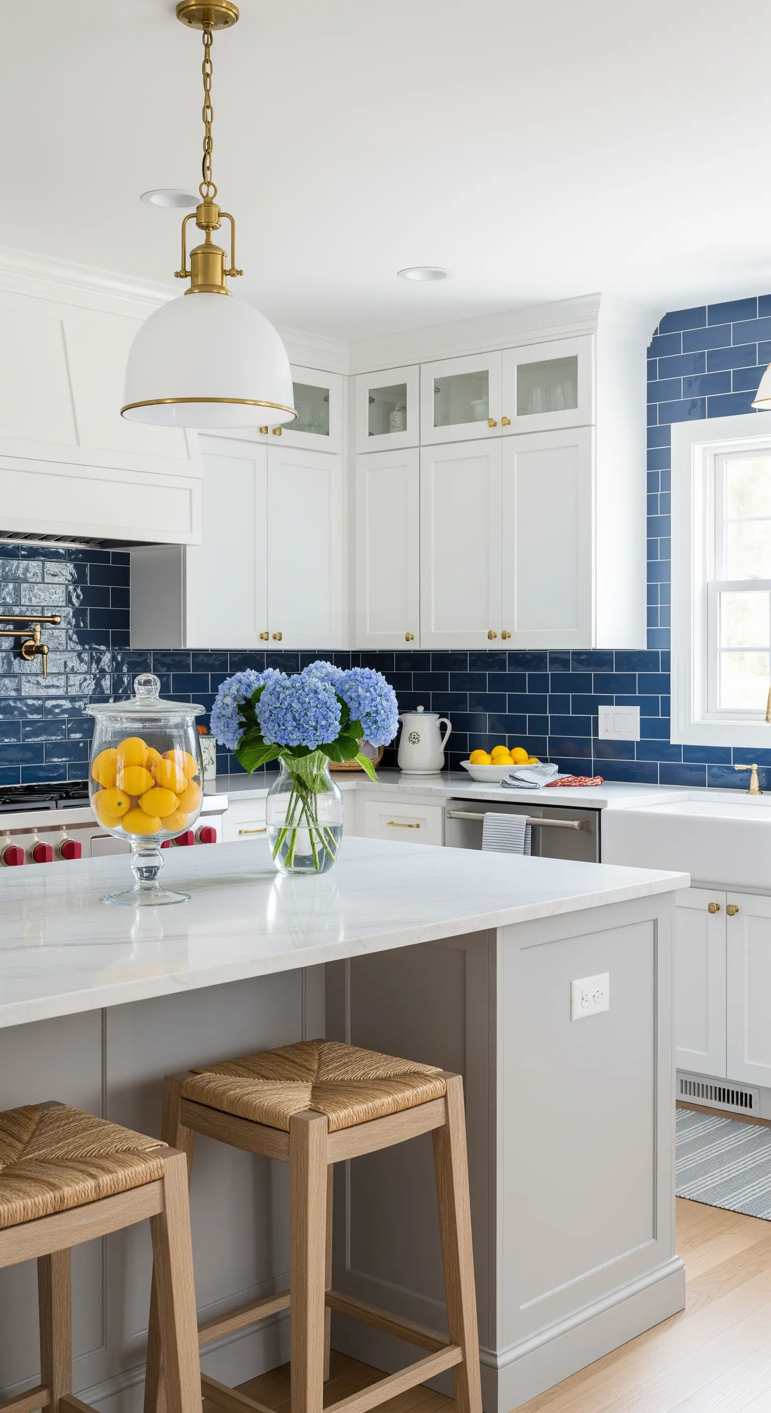 Weiße Küche mit blauem Fliesenspiegel, Holzhockern und Zitronendeko