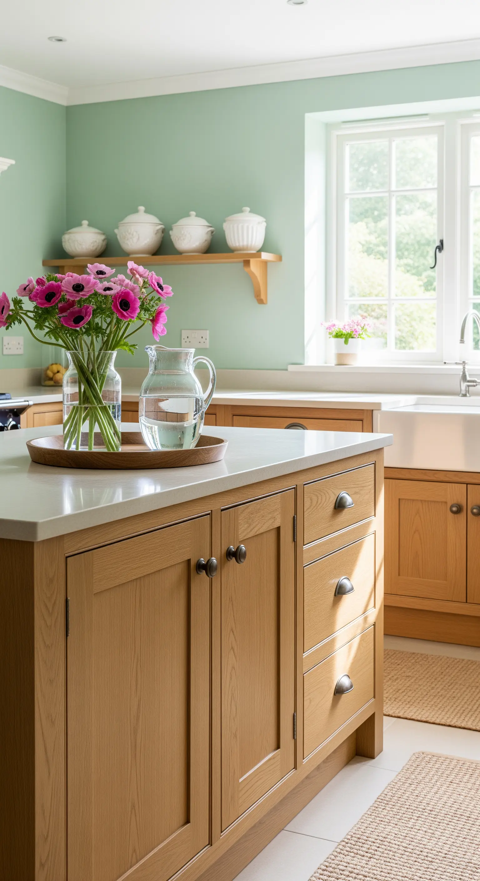 Pinke Blüten und Minze in Glasvasen auf Kücheninsel mit mintgrüner Wand