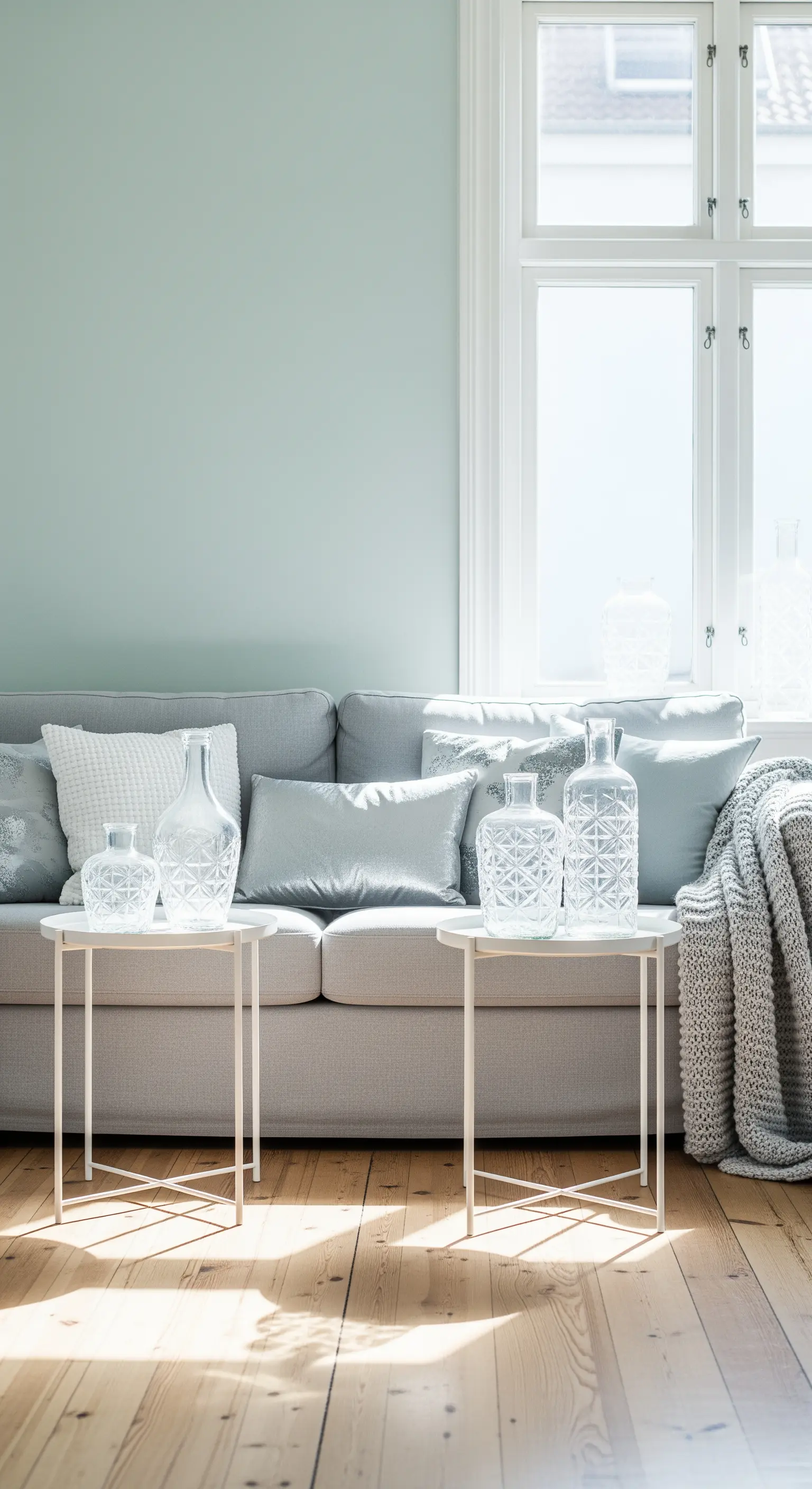 Hellblaue Wand, graues Sofa und Glasvasen auf Beistelltischen