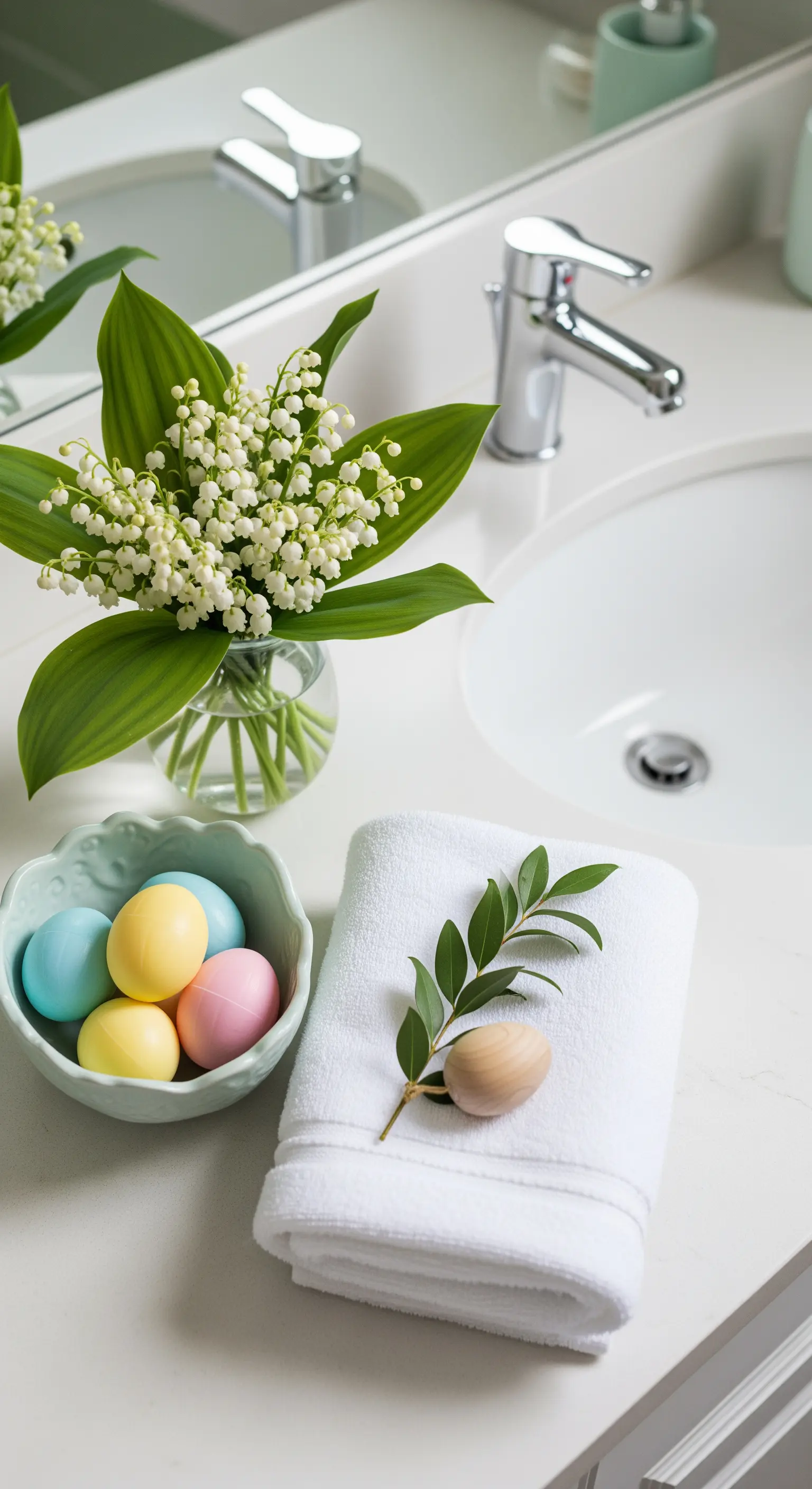 Badezimmer-Deko mit Maiglöckchen, Pastelleiern und Holzei