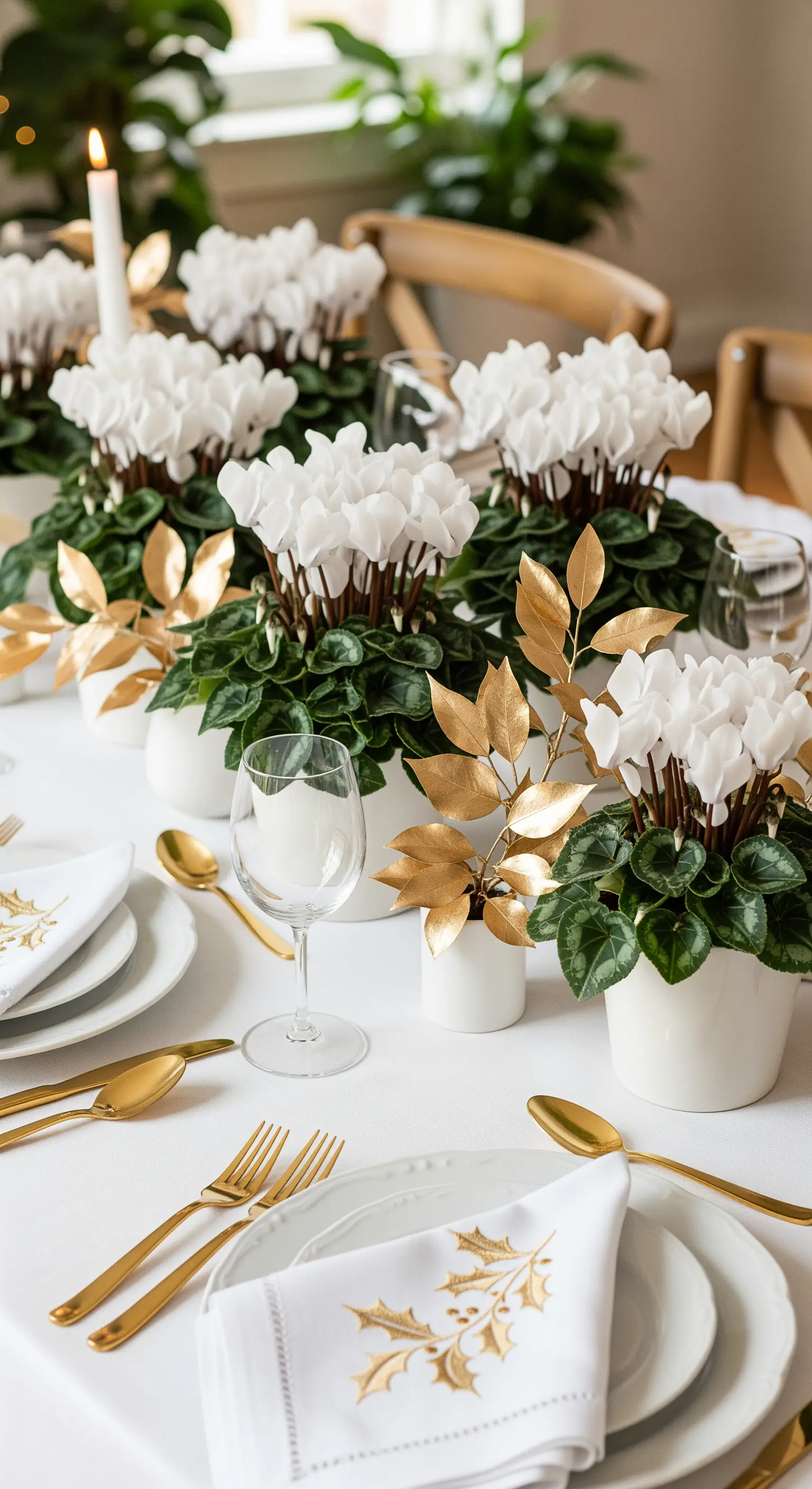 Tischdeko mit weißen Alpenveilchen, goldenen Blätterzweigen und bestickten Servietten