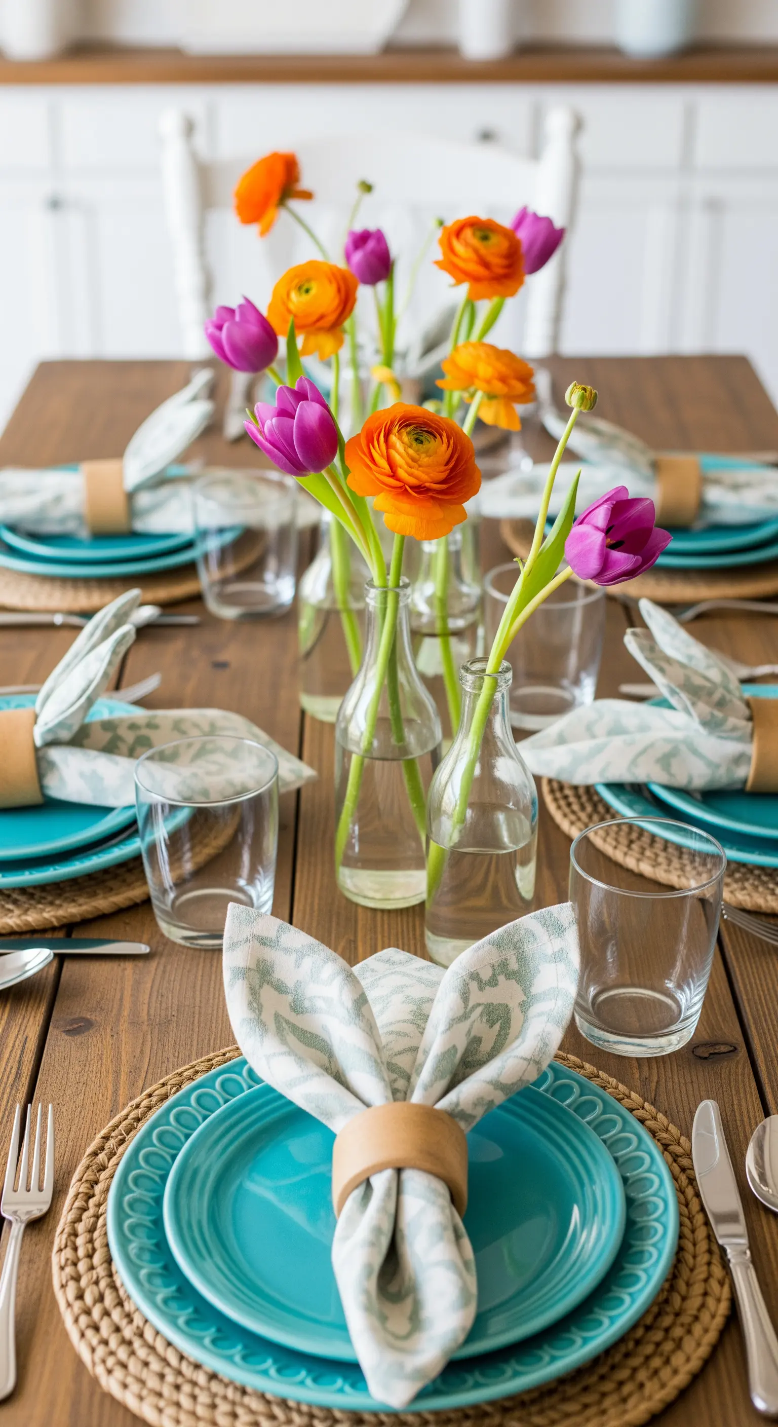 Tischarrangement mit türkisfarbenen Tellern, gefalteten Servietten, Holzringen und orange-lila Blumen.