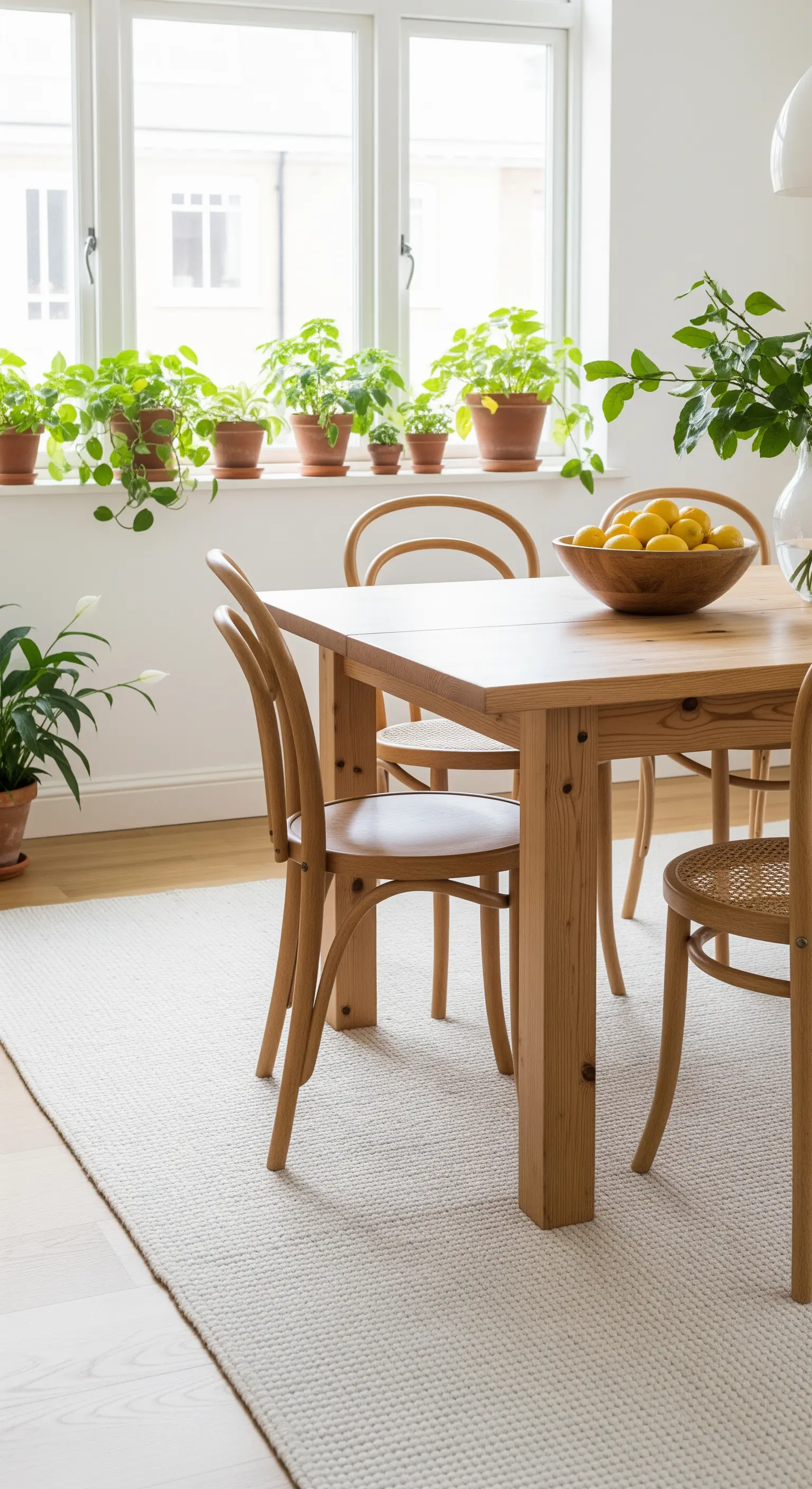 Heller Holztisch vor einem Fenster, auf dessen Fensterbank viele Kräutertöpfe stehen.