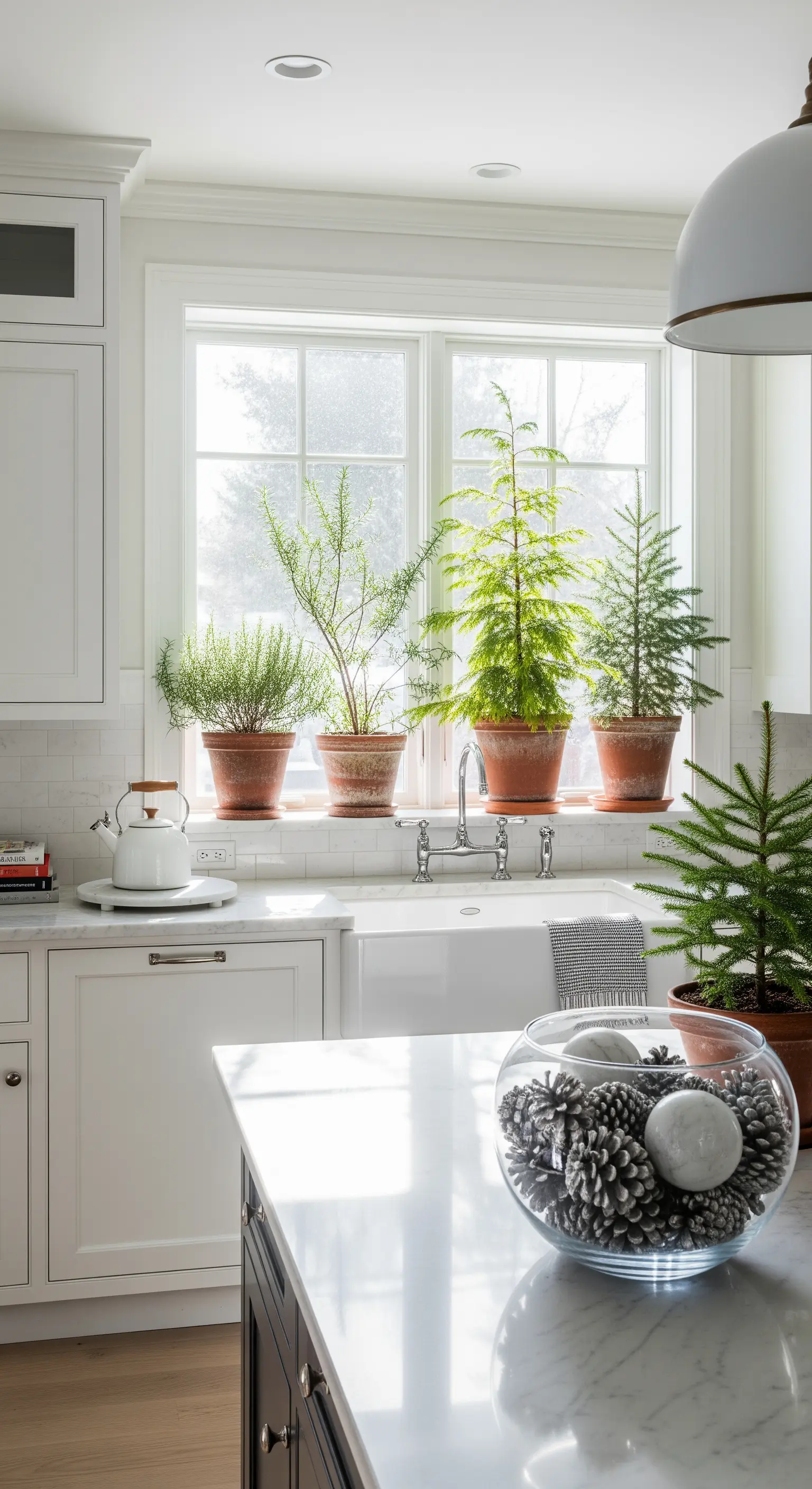 Küchenfensterbank mit getopften Nadelbäumen, Glasschale mit Zapfen auf der Insel.