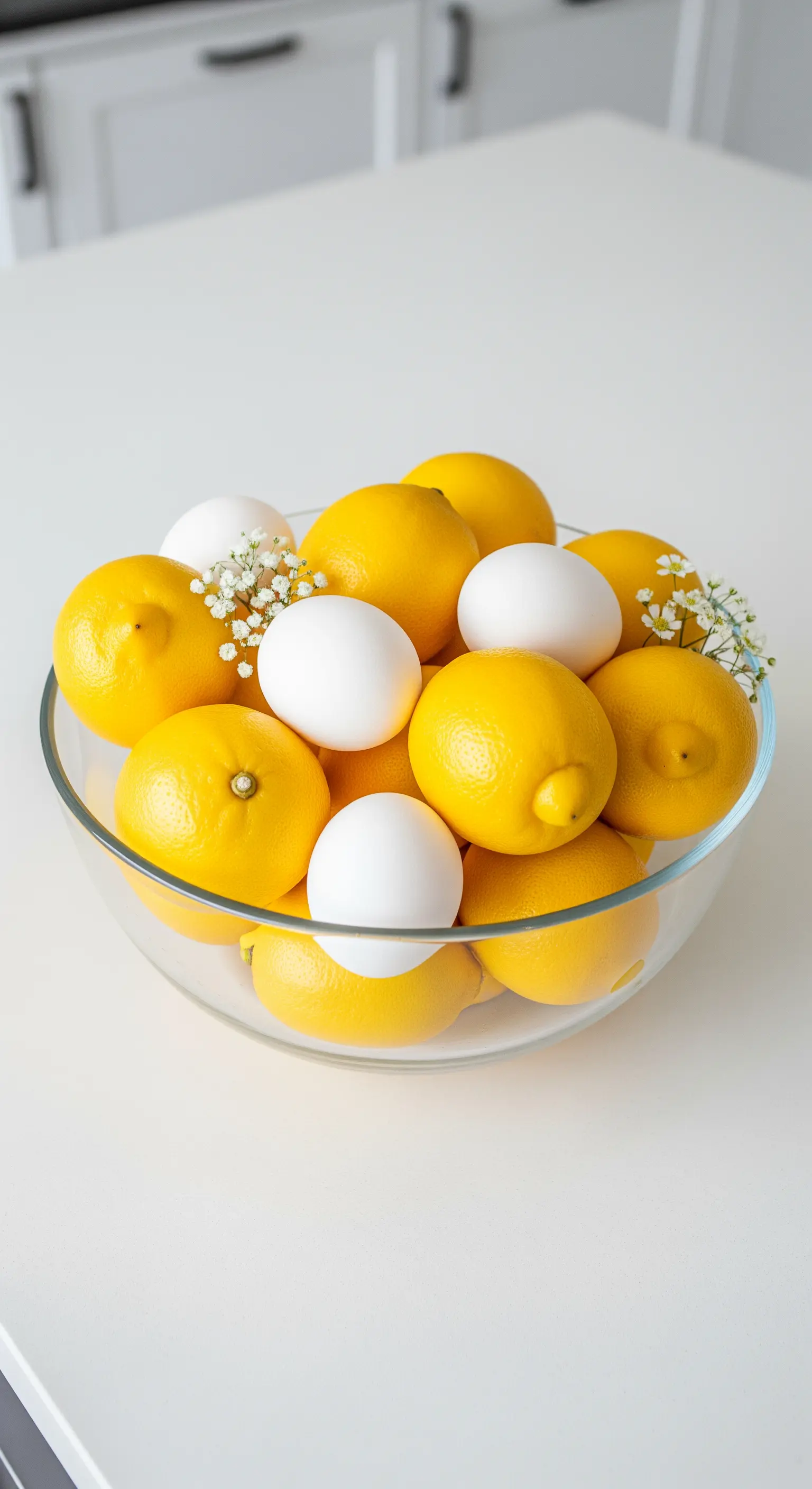 Glasschale mit Zitronen, weißen Eiern und Schleierkraut auf weißer Arbeitsplatte