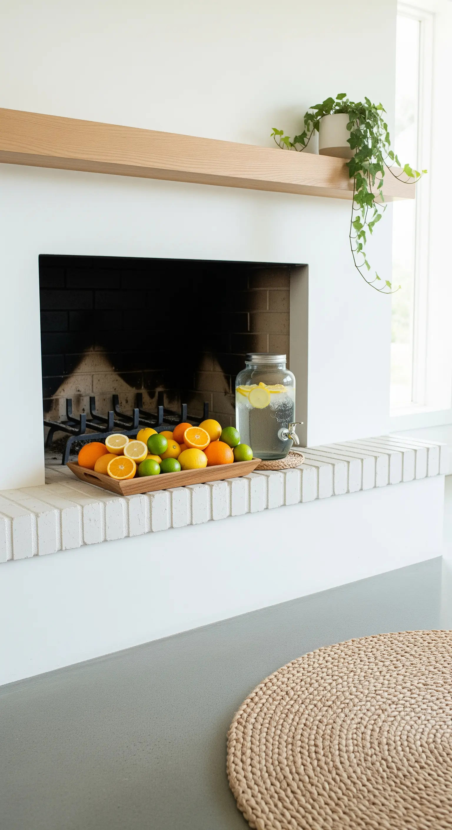 Zitrusfrüchte auf Holztablett, Wasserspender am weißen Kamin