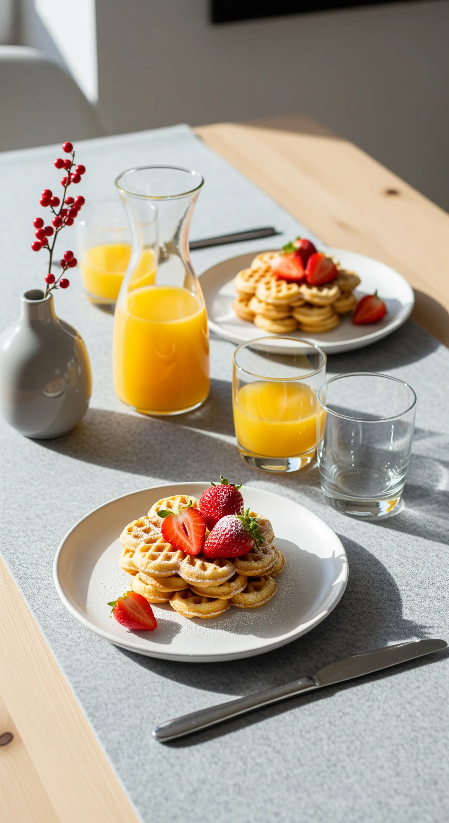 Heller Brunchtisch mit Waffeln, Erdbeeren, Orangensaft und roten Beeren im Krug