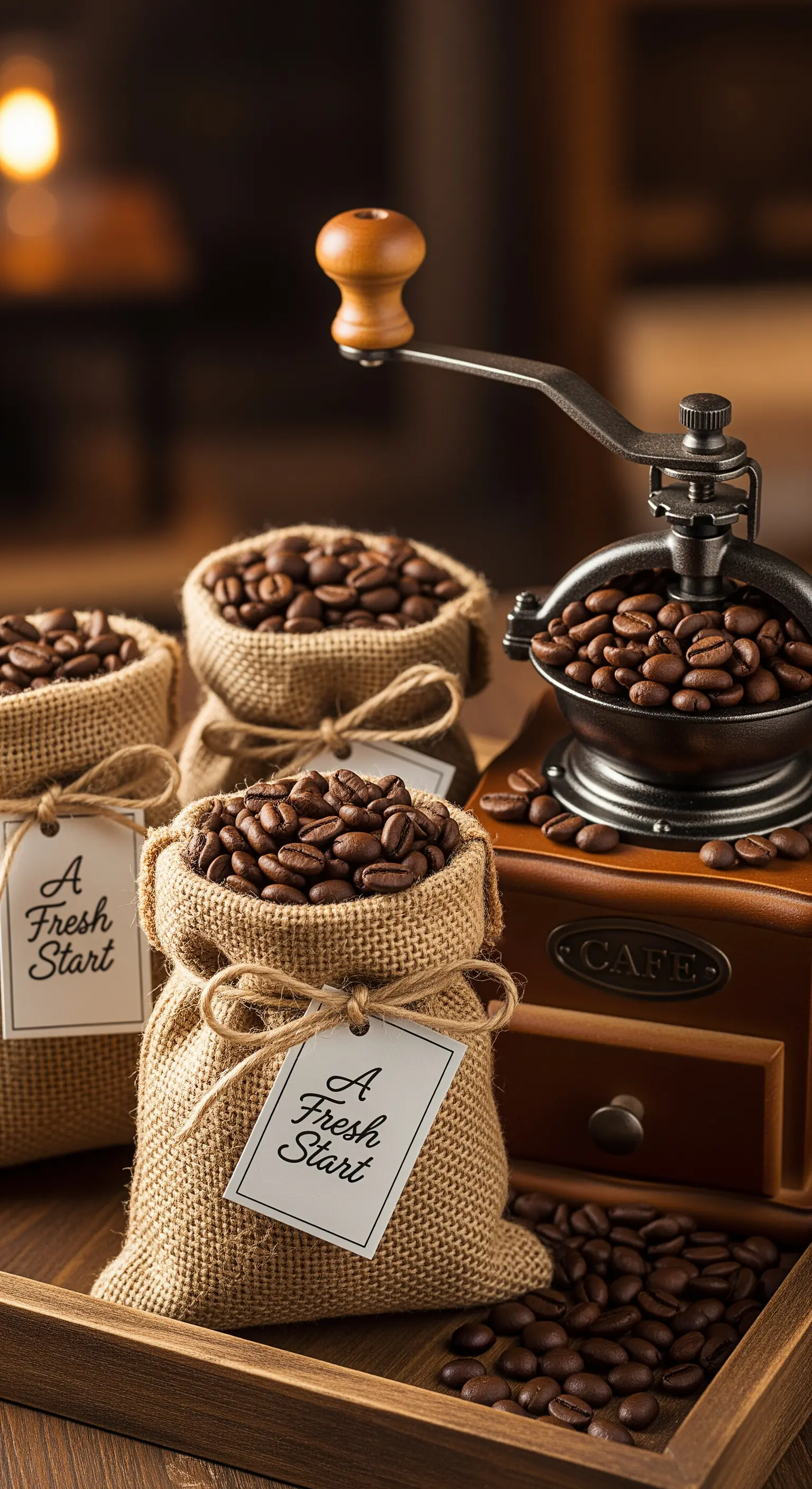 Jutebeutel gefüllt mit Kaffeebohnen und