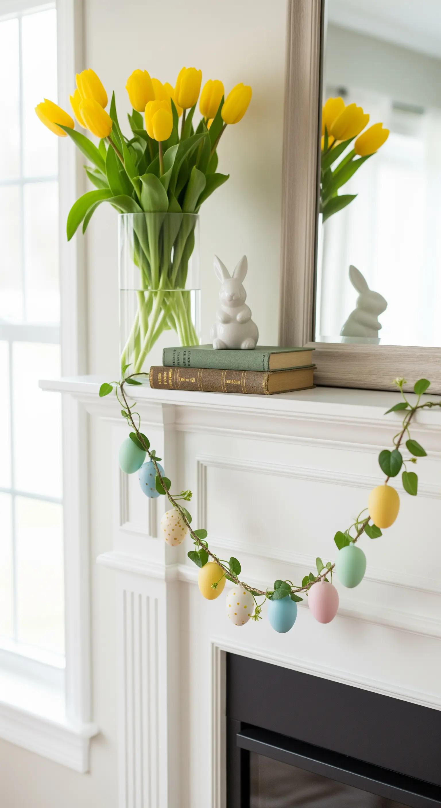 Helle Osterdeko für den Kamin mit gelben Tulpen und einer Eiergirlande.
