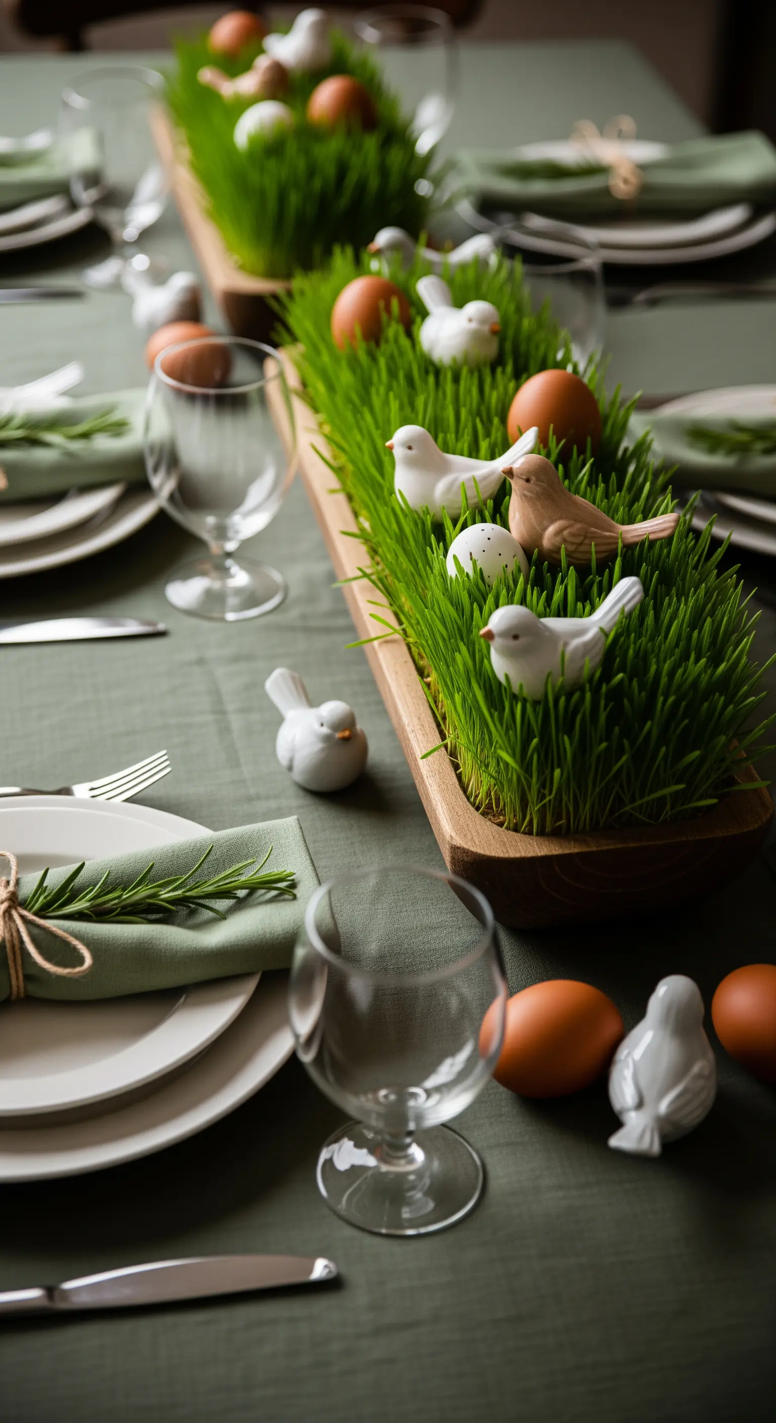 Ostertafel mit Grasteppich-Tischläufer, Keramikvögeln und natürlichen Eiern