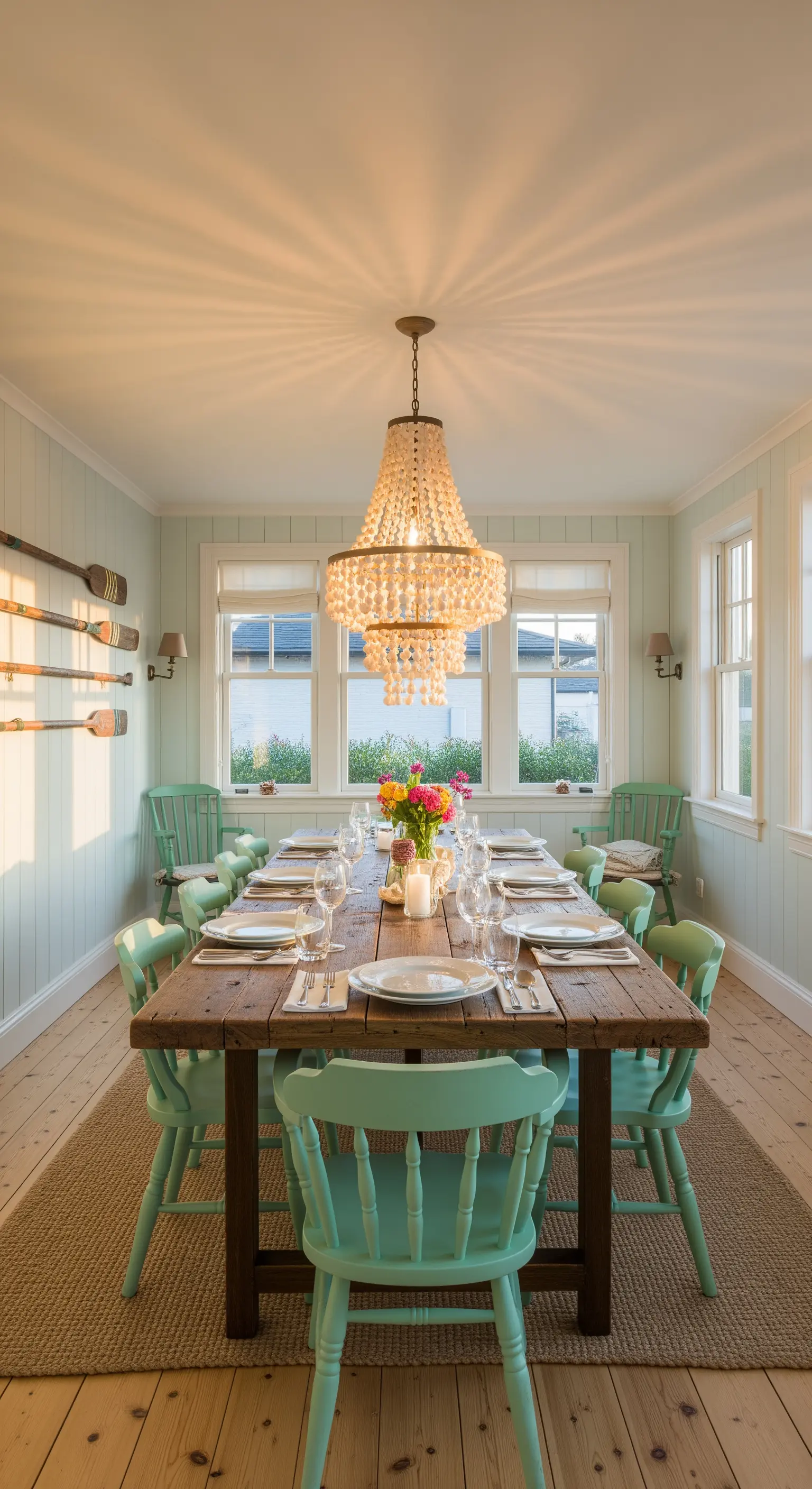 Esszimmer mit mintgrünen Stühlen, rustikalem Holztisch und Perlen-Kronleuchter