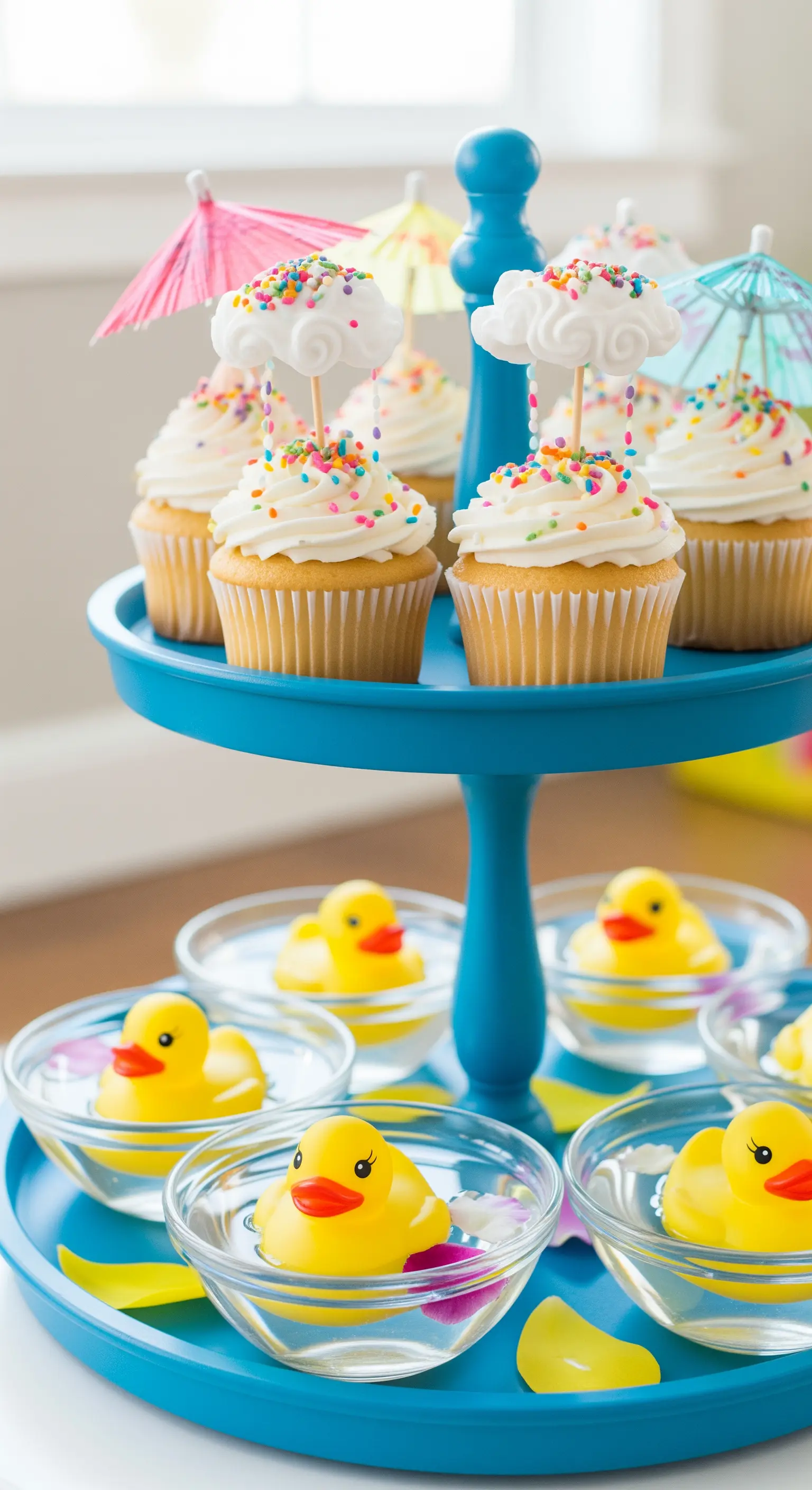 Blaue Etagere für eine Babyshower mit Cupcakes und kleinen Quietscheentchen im Wasser.