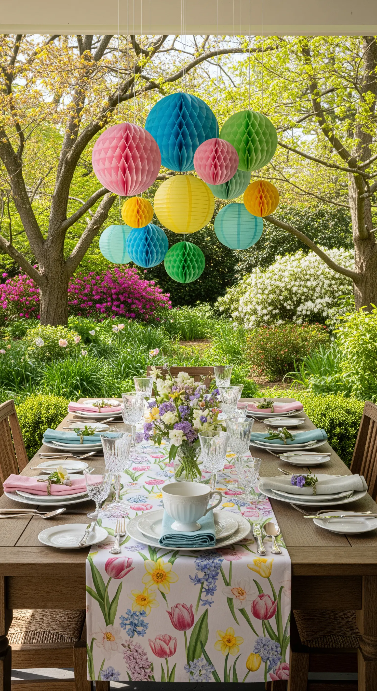 Outdoor-Esstisch mit floralem Läufer, Pastell-Settings und bunten Papierlampions.