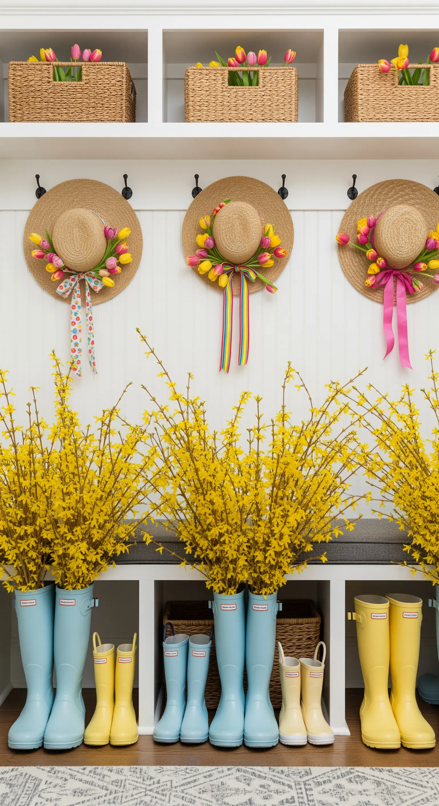 Bunte Gummistiefel mit Forsythien und Sonnenhüte mit Tulpen im Flur