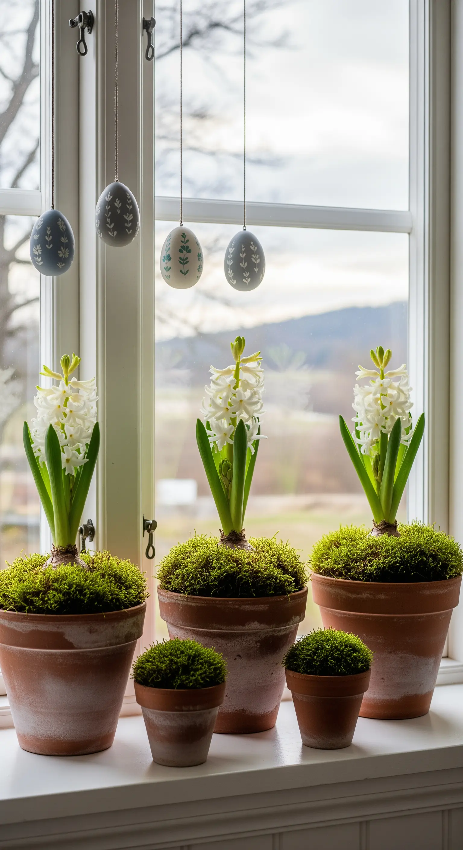 Fensterbank mit Hyazinthen in Terrakotta-Töpfen und hängenden Ostereiern