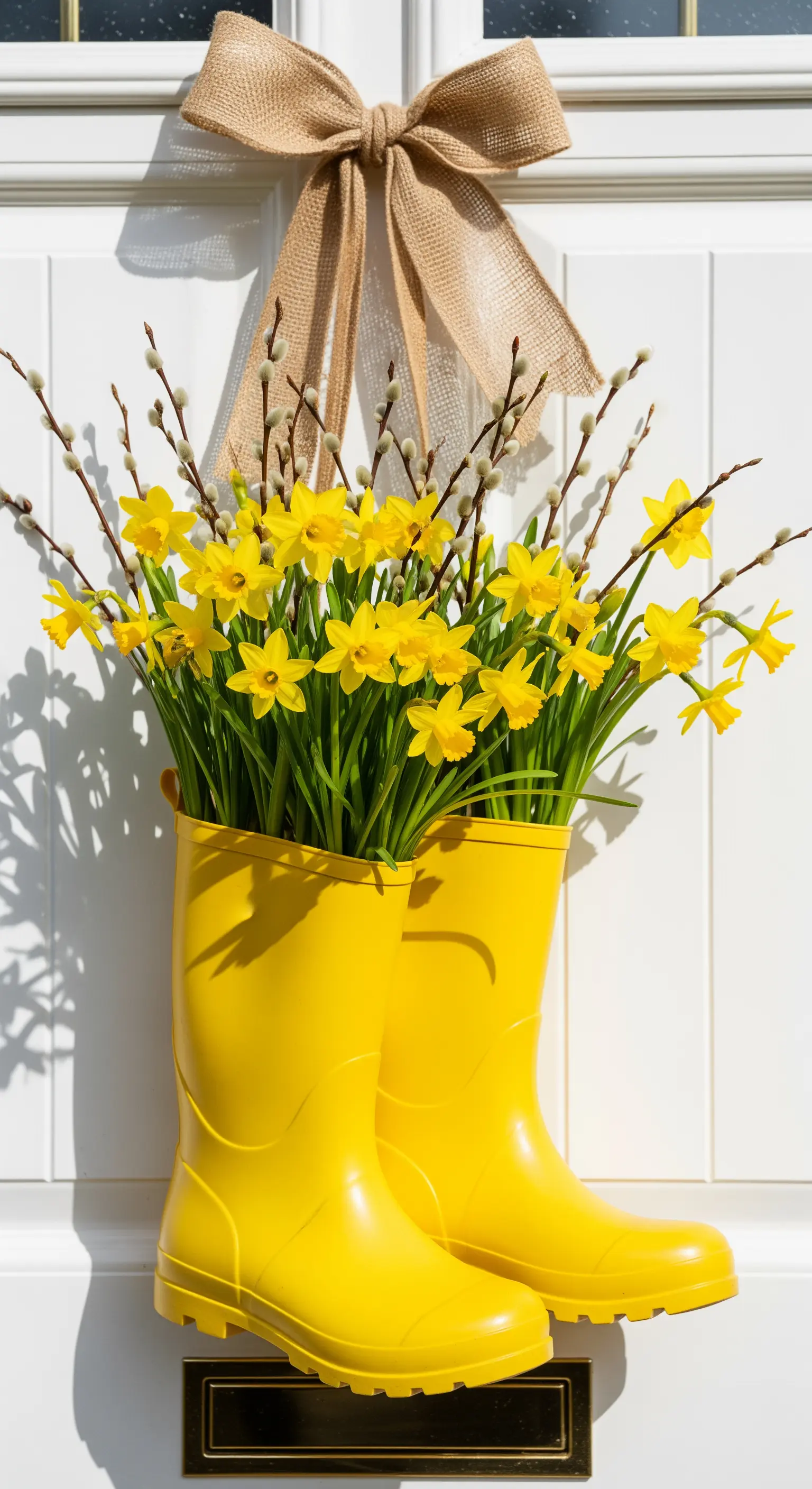 Gelbe Gummistiefel, gefüllt mit Narzissen und Weidenkätzchen, hängen an einer weißen Tür.