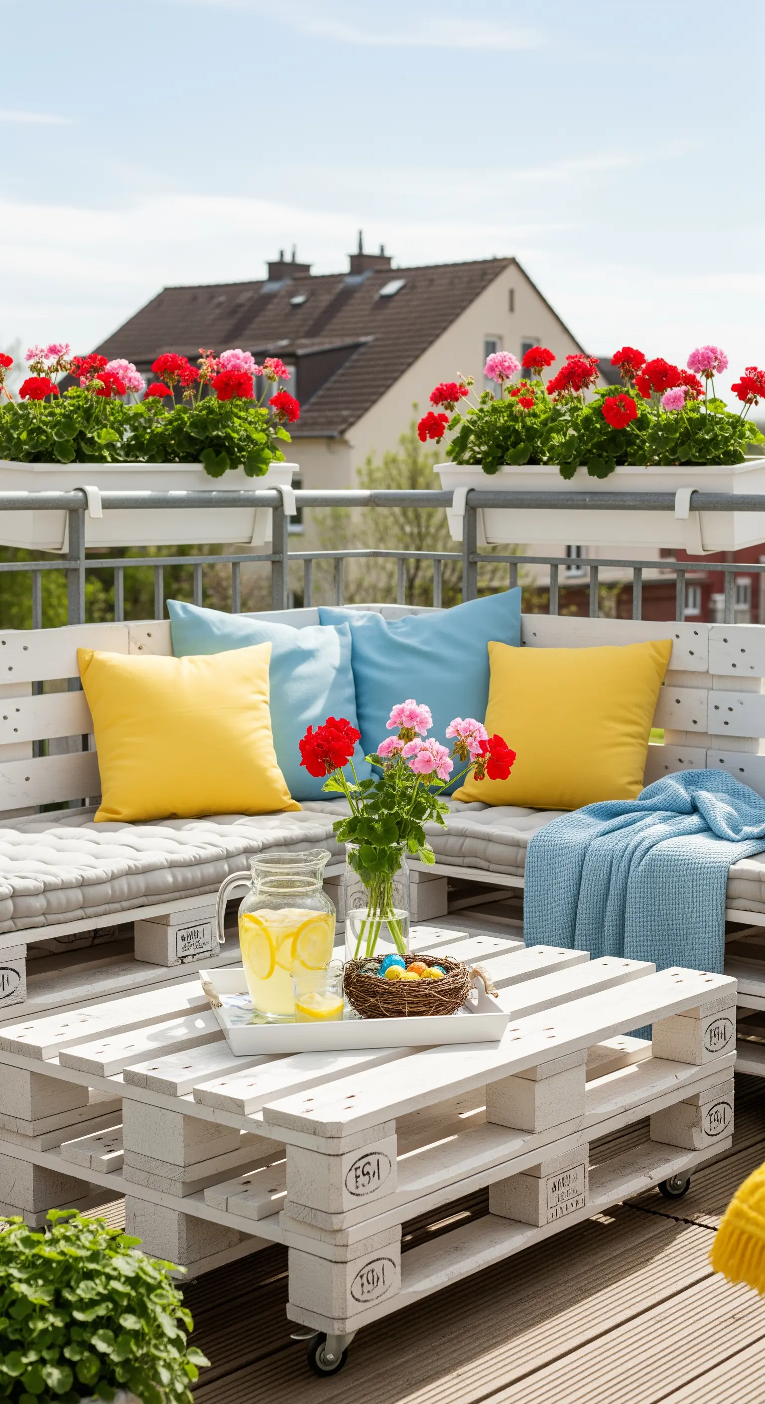 Weiße Palettenmöbel auf dem Balkon mit bunten Kissen und Geranien.