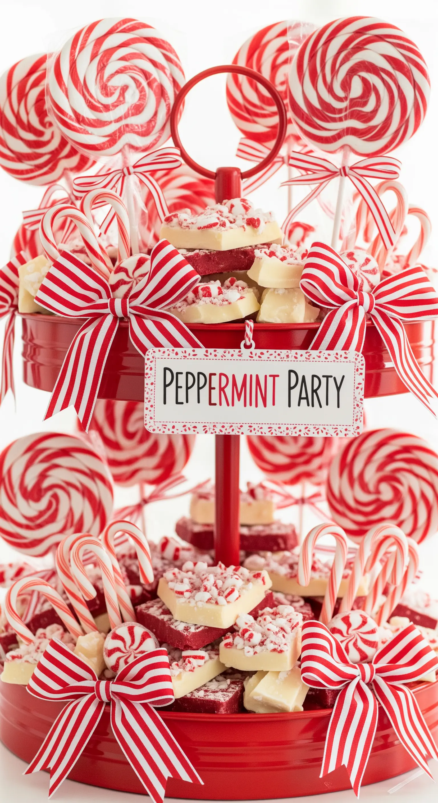 Rote Etagere, überladen mit Peppermint-Lollis, Zuckerstangen und gestreiften Schleifen.