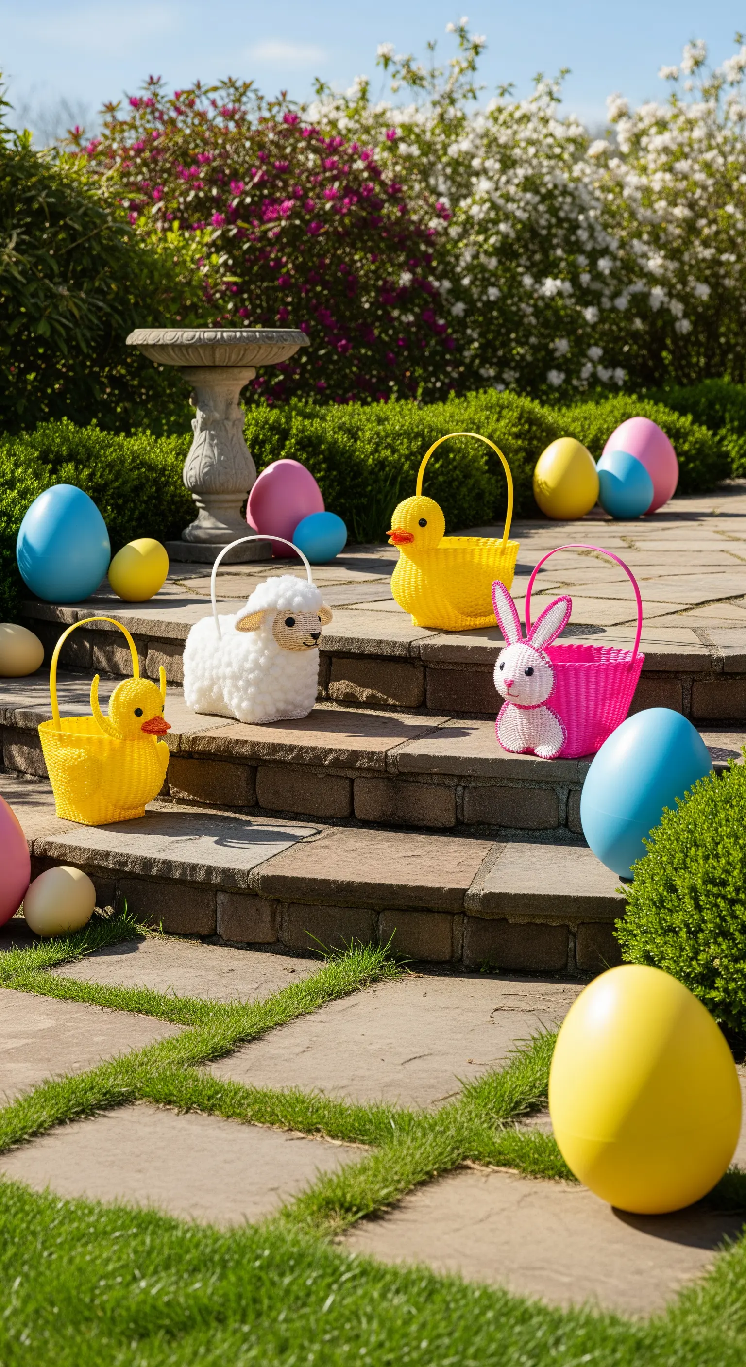 Verschiedene Tier-Osterkörbchen und große Pastell-Eier auf Gartentreppe und Rasen