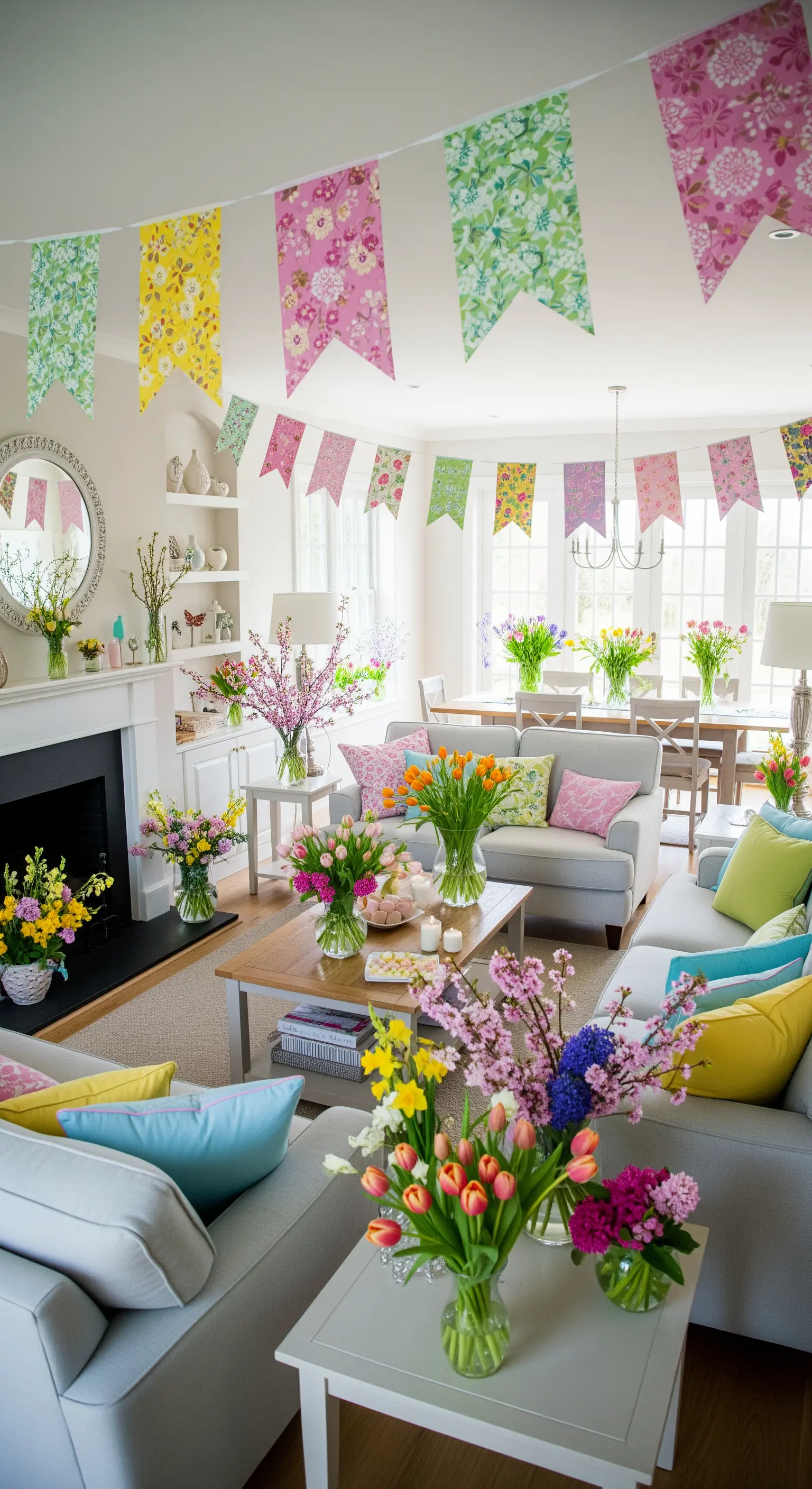 Wohnzimmer mit bunten Pastell-Wimpelketten, vielen Frühlingsblumen und hellen Möbeln