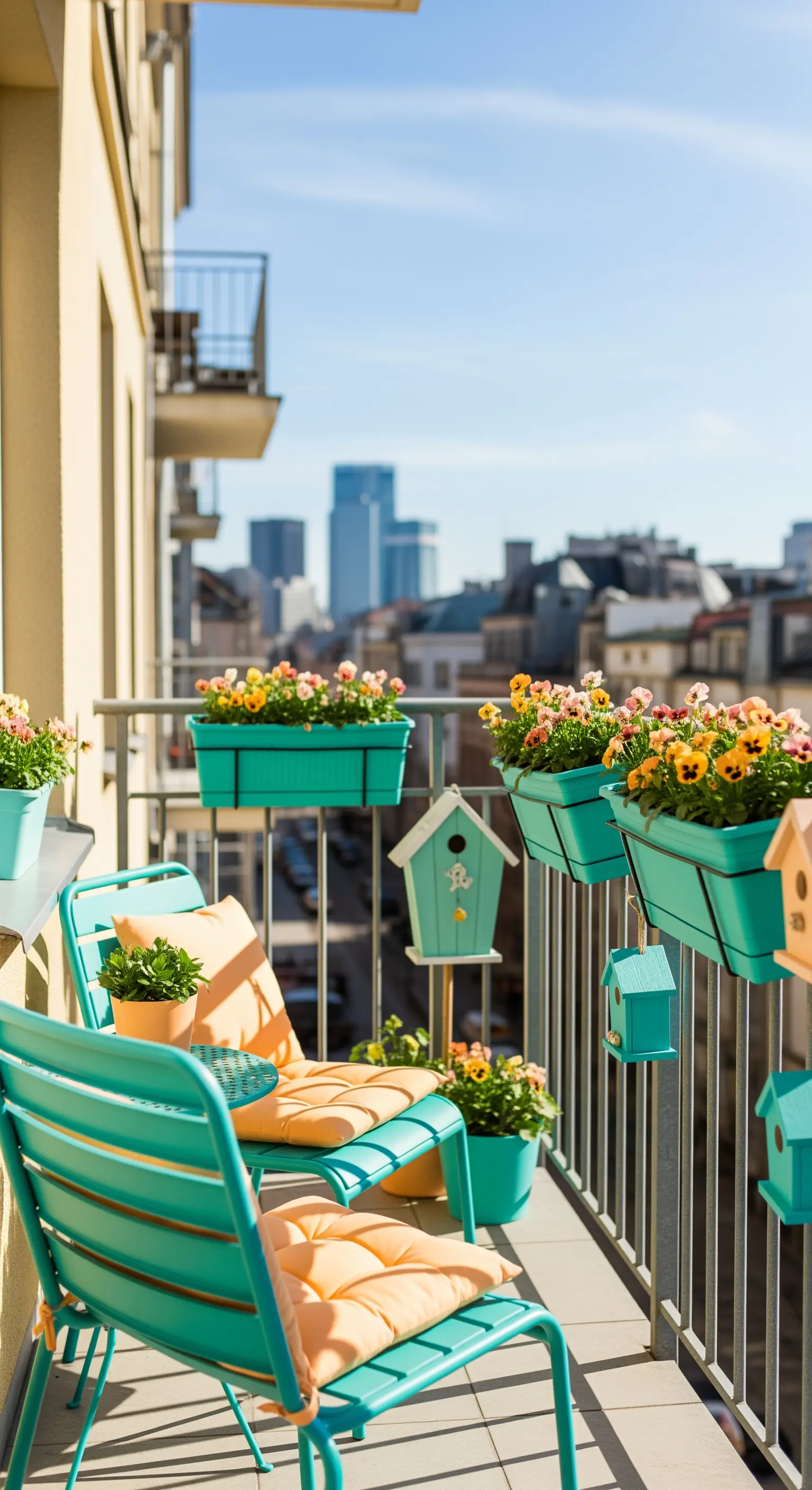 Balkon mit türkisen Stühlen, orangefarbenen Kissen und bunten Blumen.
