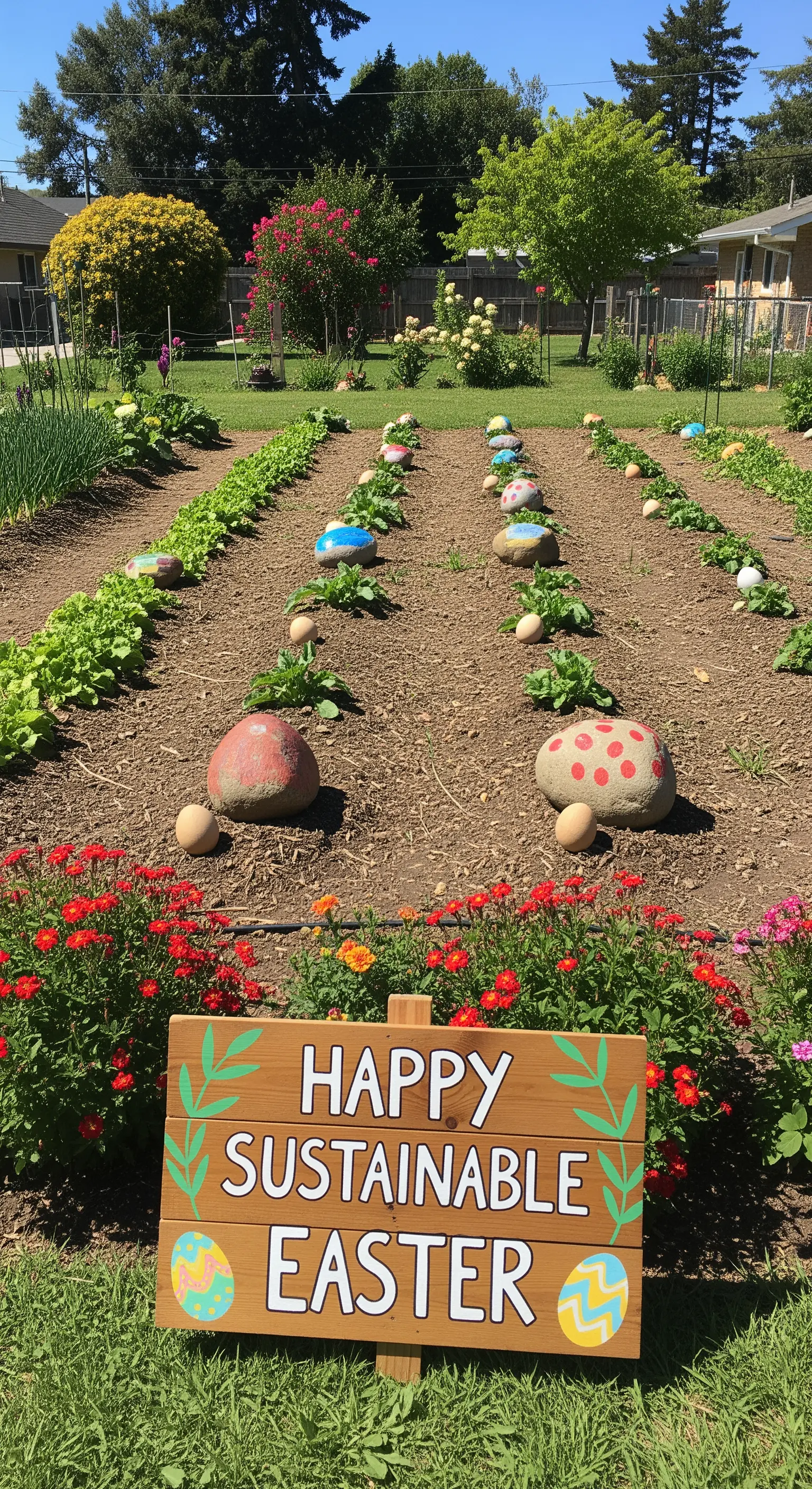 Gemüsegarten mit bemalten Steinen/Eiern und 'Happy Sustainable Easter'-Schild