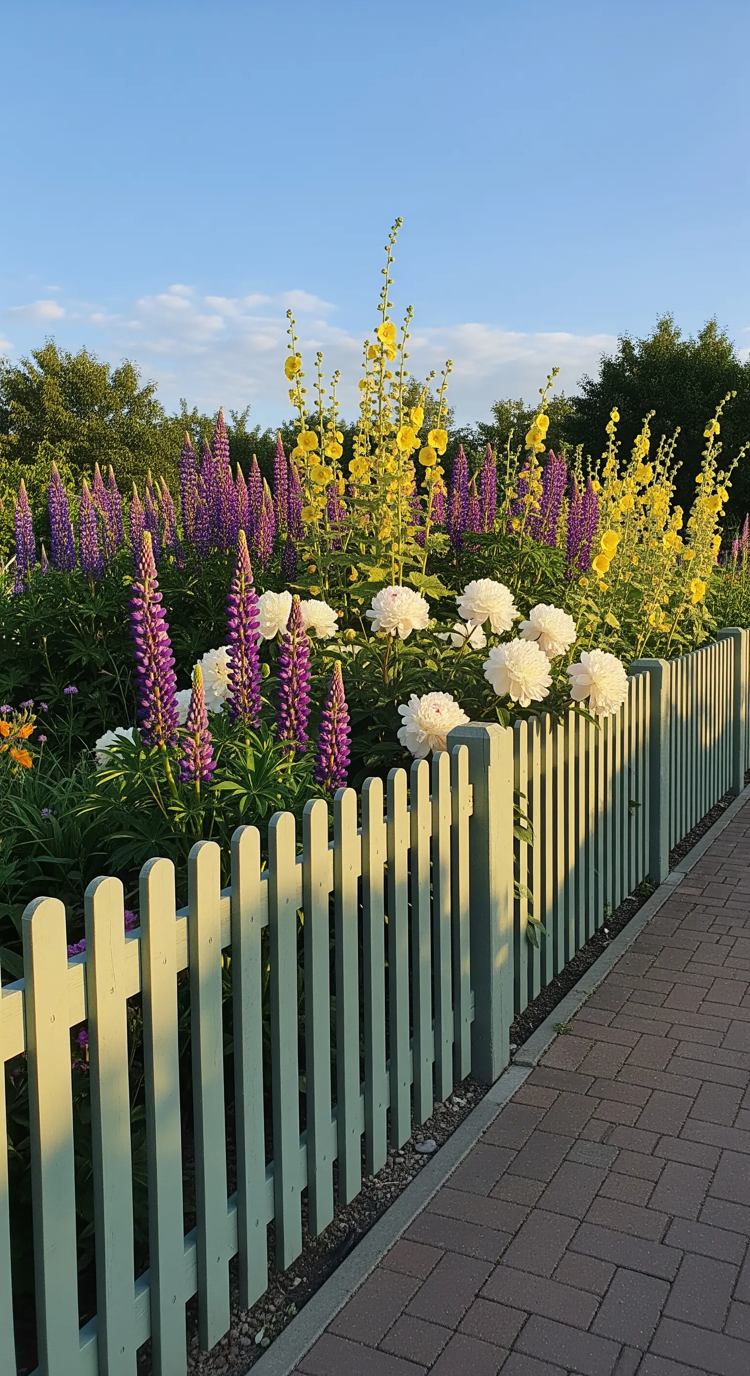 Pastellgrüner Lattenzaun mit lila Lupinen, gelben Stockrosen und weißen Pfingstrosen