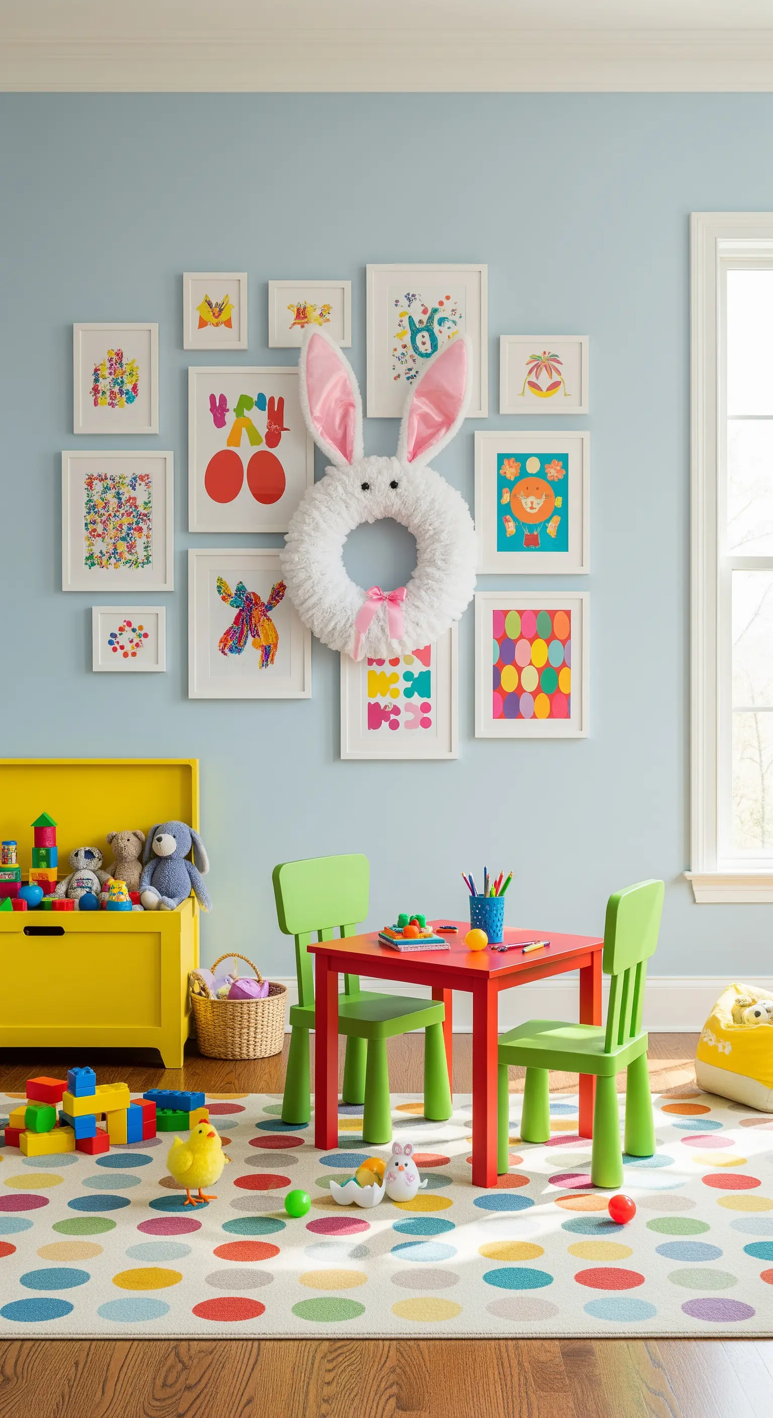 Weißer Hasenkranz mit Ohren im bunten Kinderzimmer