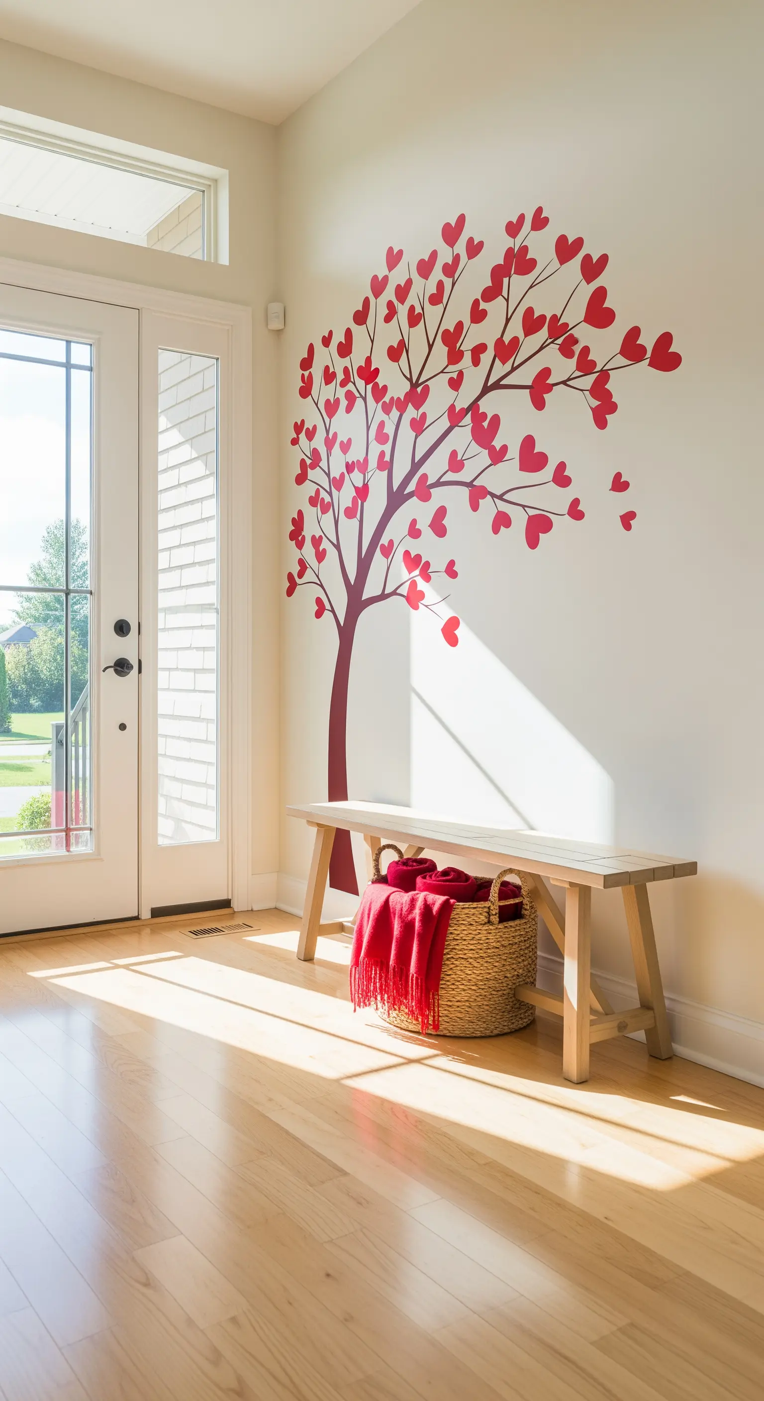 Heller Eingangsbereich mit Holzbank, Decke und Herzbaum-Wandtattoo.
