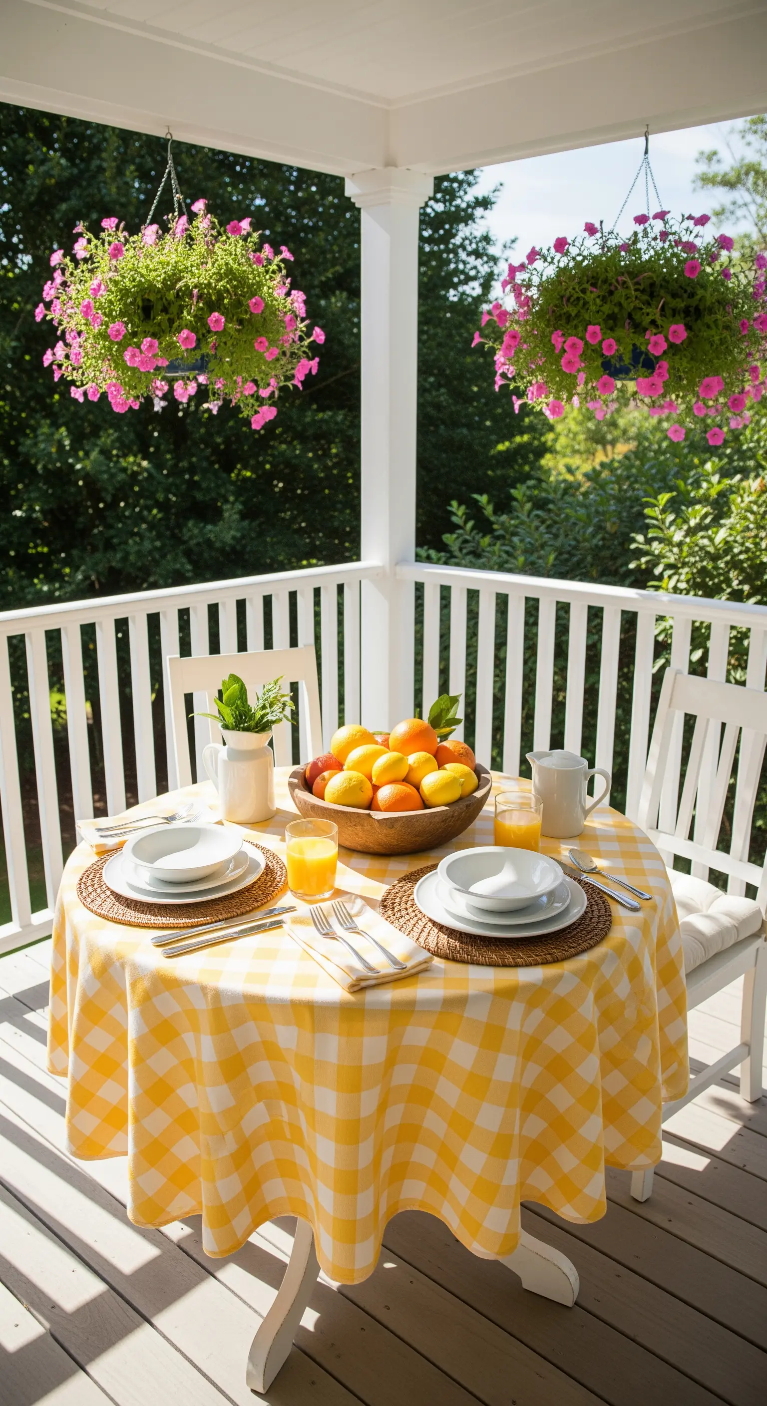 Sommerlicher Esstisch mit gelb-weißem Karomuster, Fruchtschale und hängenden Petunien