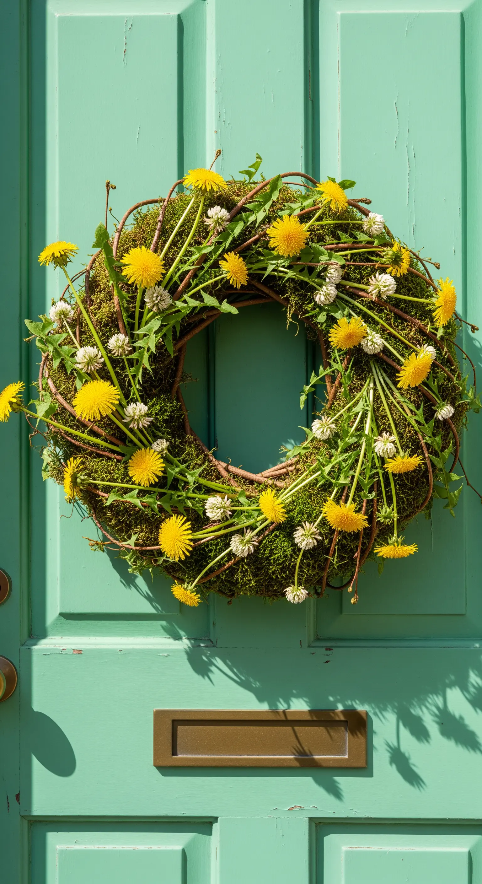 Löwenzahn-Mooskranz auf einer verwitterten grünen Tür