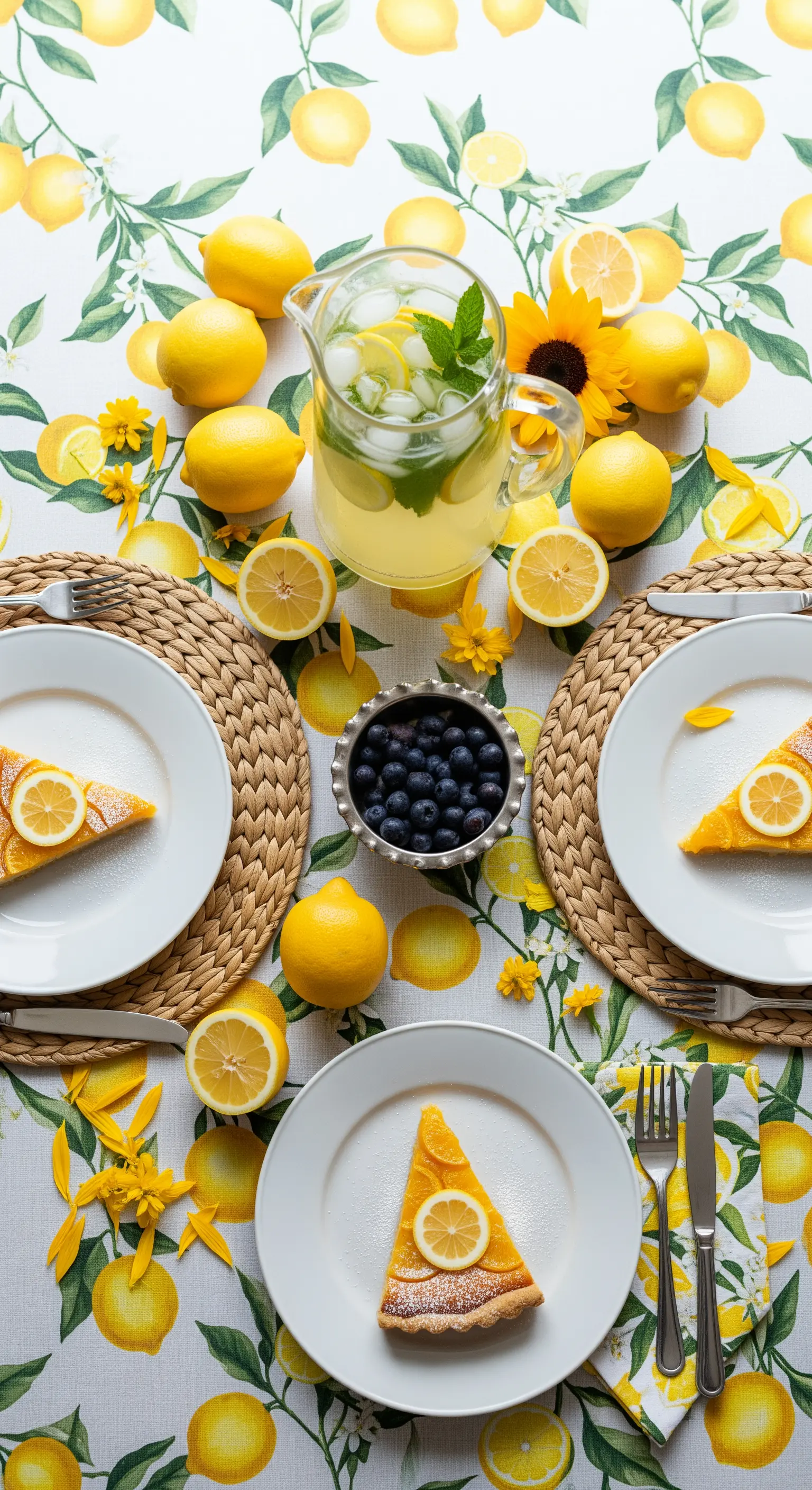 Esstisch mit Zitronen-Tischtuch und Bast-Untersetzern