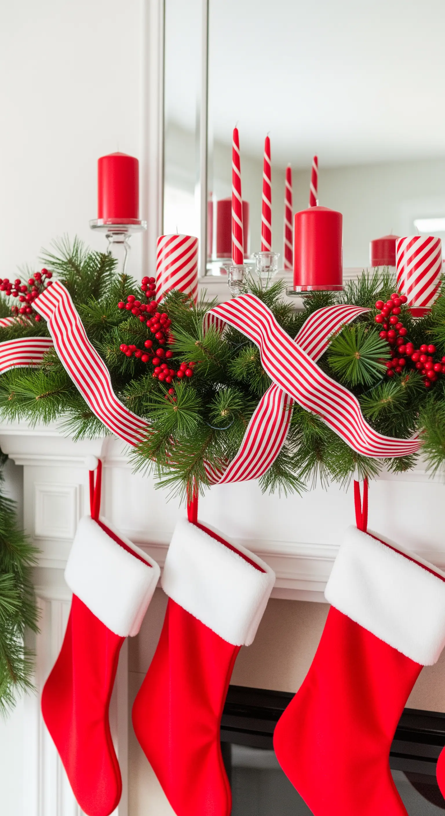 Klassische Weihnachtsdeko in Rot-Weiß mit gestreiftem Band und roten Strümpfen.