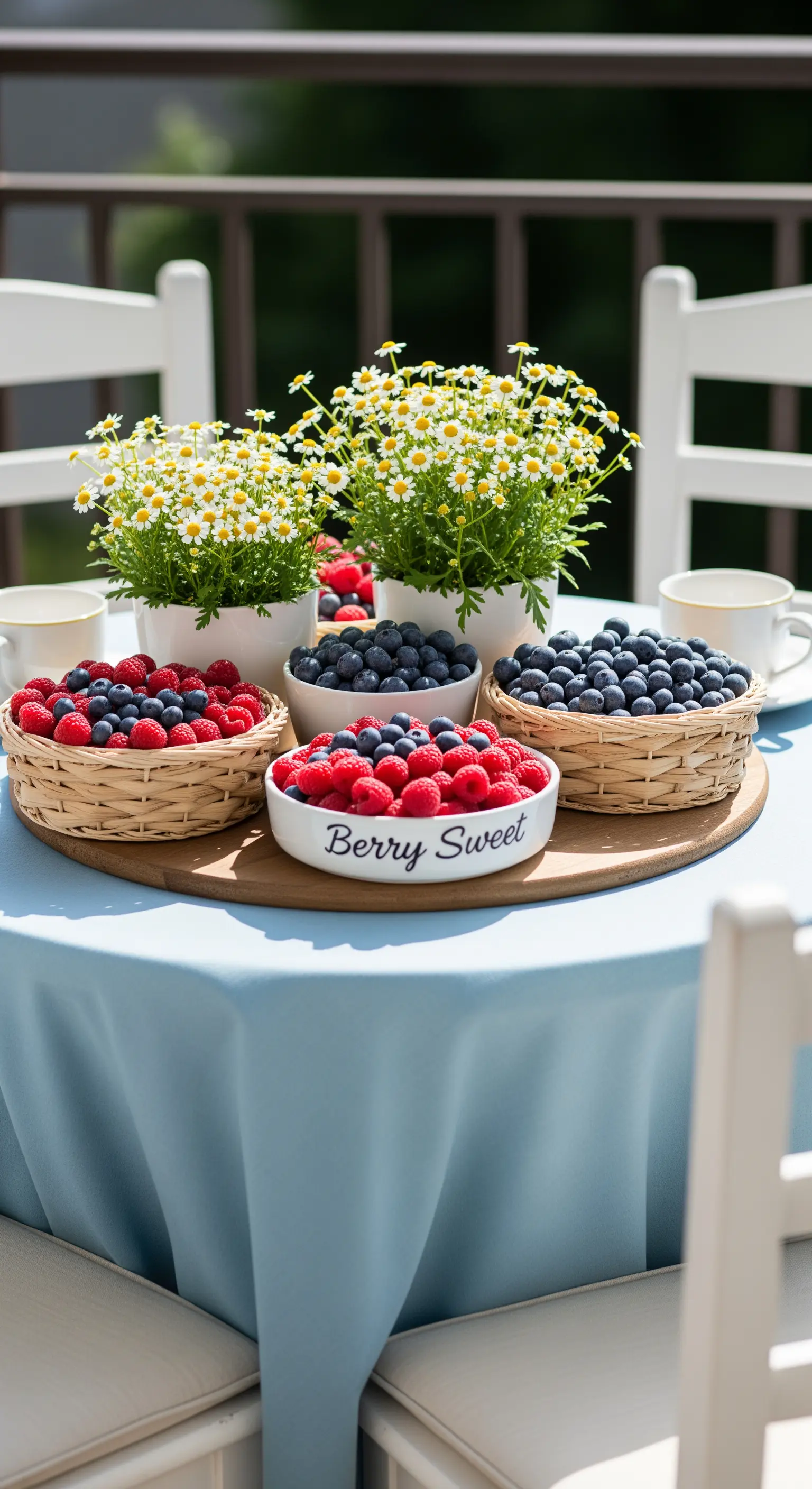 Beeren-Centerpiece mit Kamillen-Töpfen auf Holzplatte