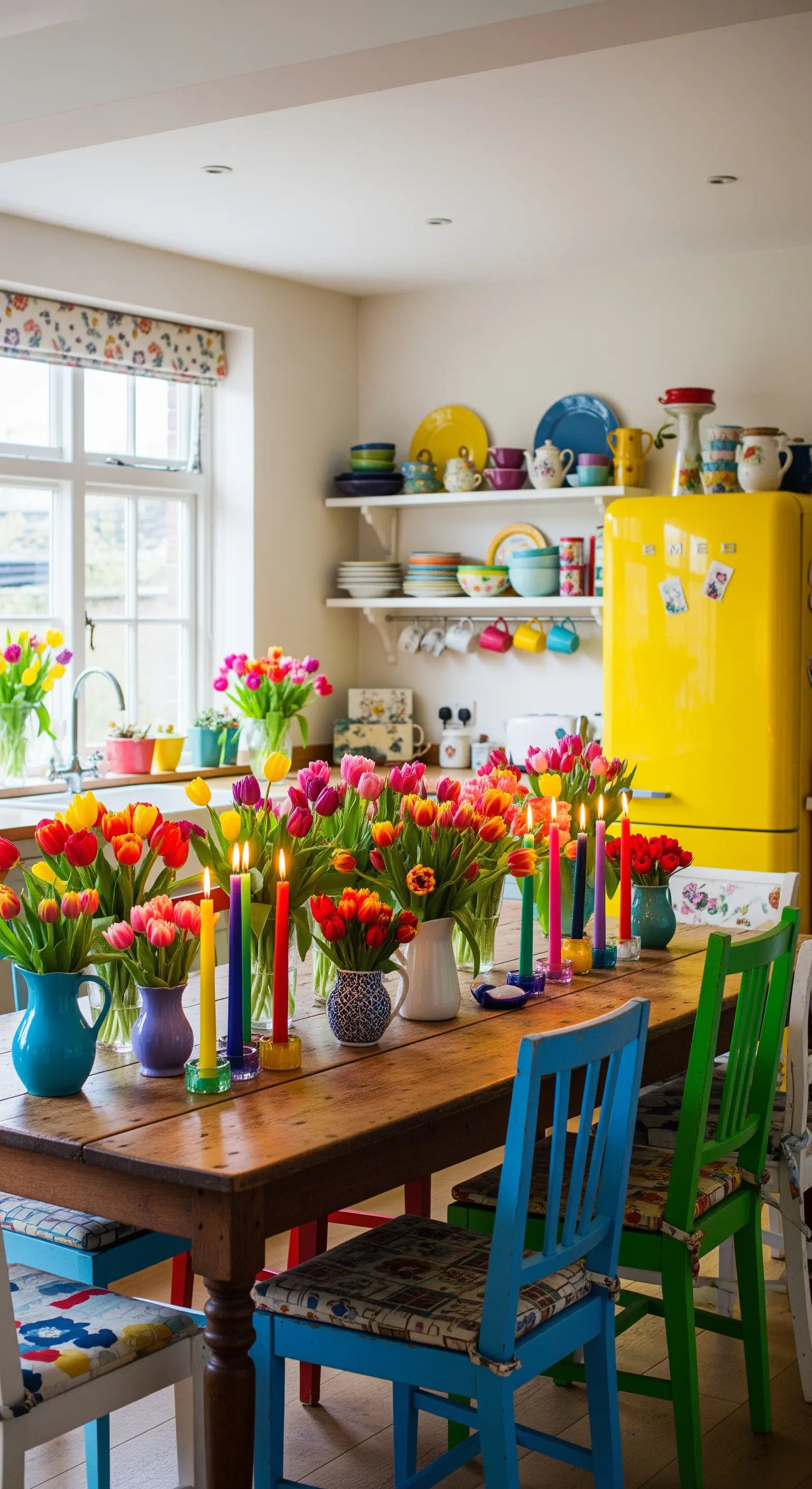Bunter Esstisch mit vielen Tulpen in Vasen und farbigen Stabkerzen