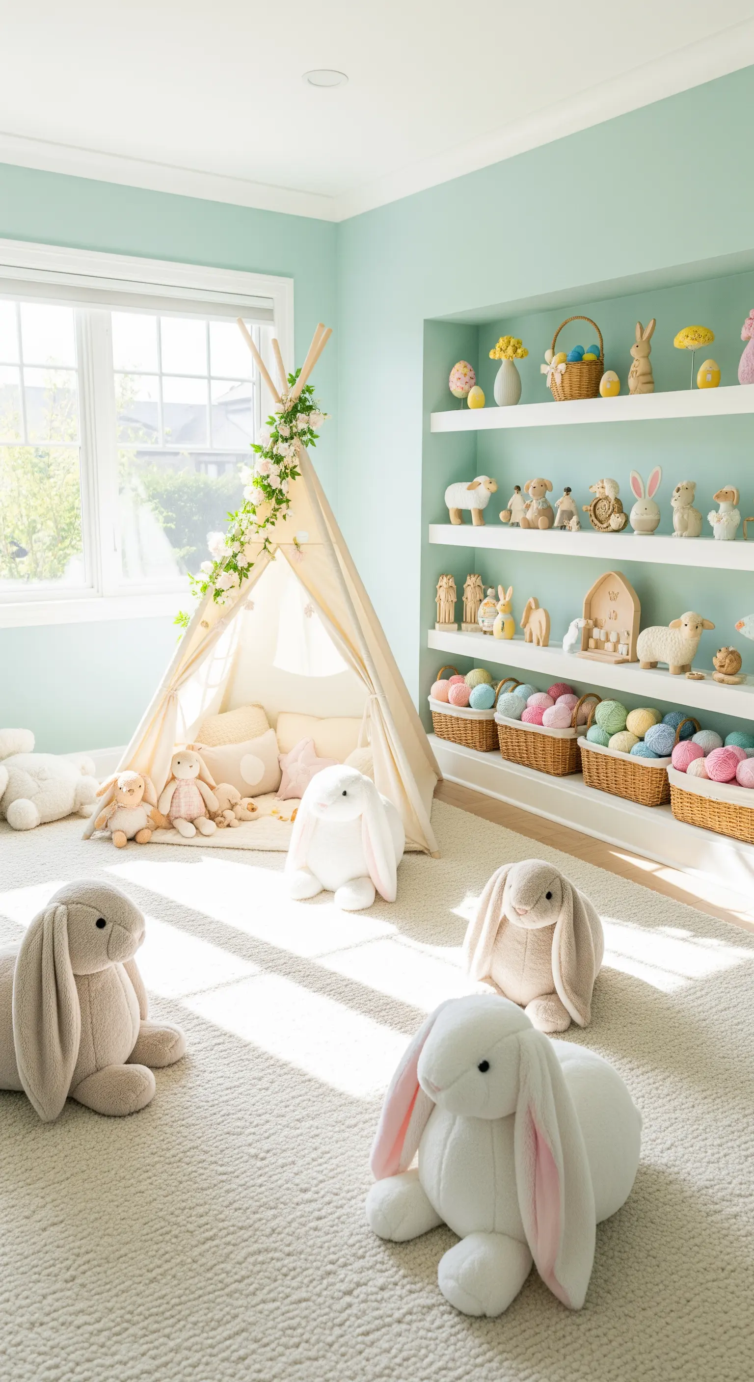 Kinderzimmer mit mintgrünen Wänden, Tipi, Plüschhasen und Osterdeko auf Regalen.