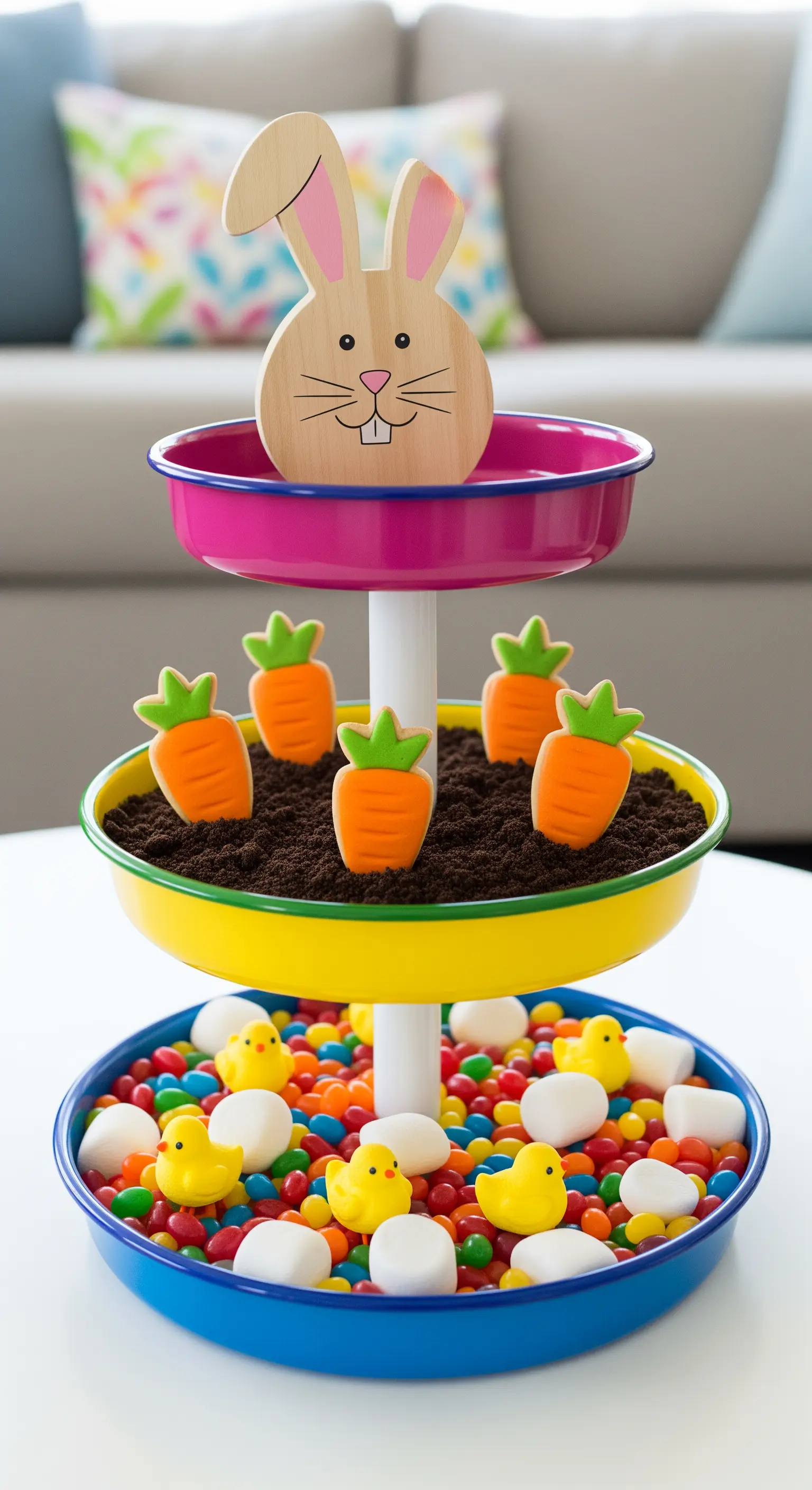 Bunte Etagere für Kinder mit Süßigkeiten und Karotten-Keksen