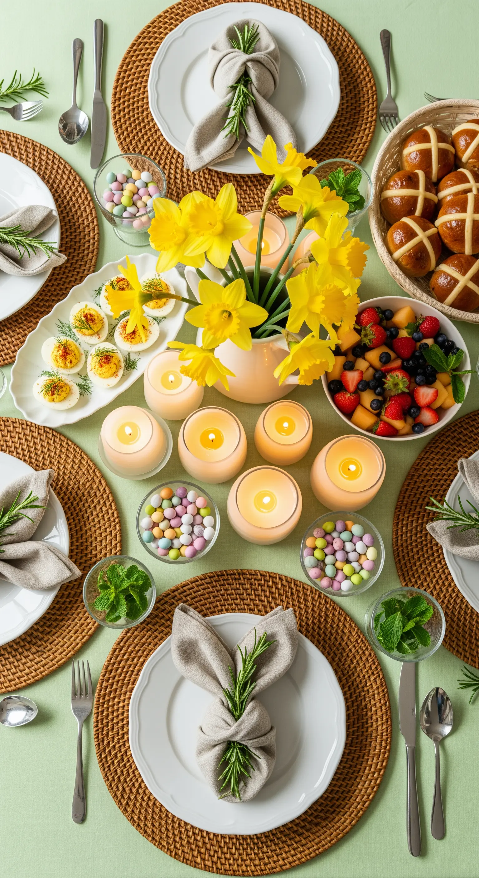 Fröhliche Osterdeko: Narzissen, Korbelemente und Osterhasen-Servietten