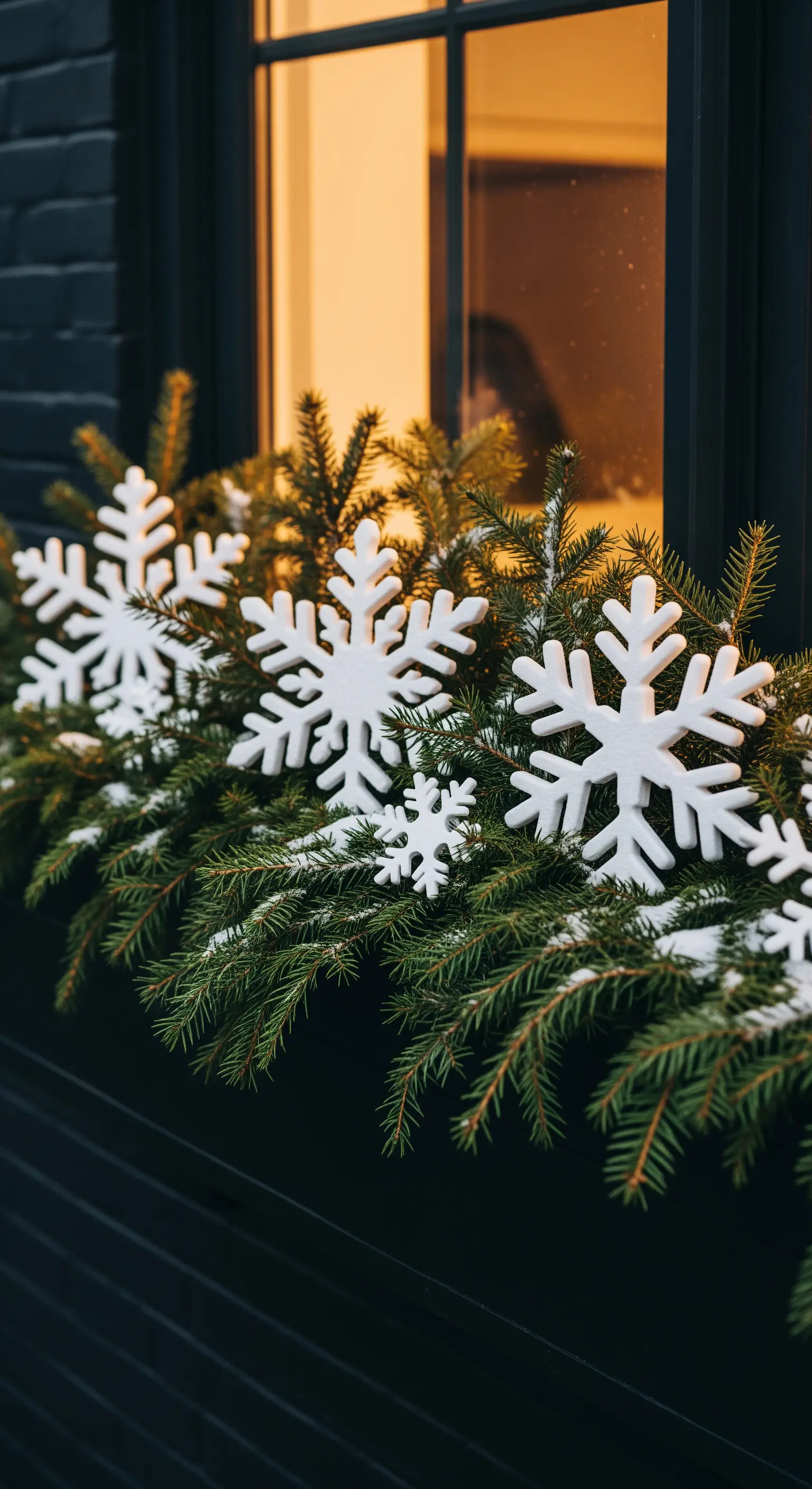 Fensterbank mit Tannenzweigen und großen weißen Schneeflocken