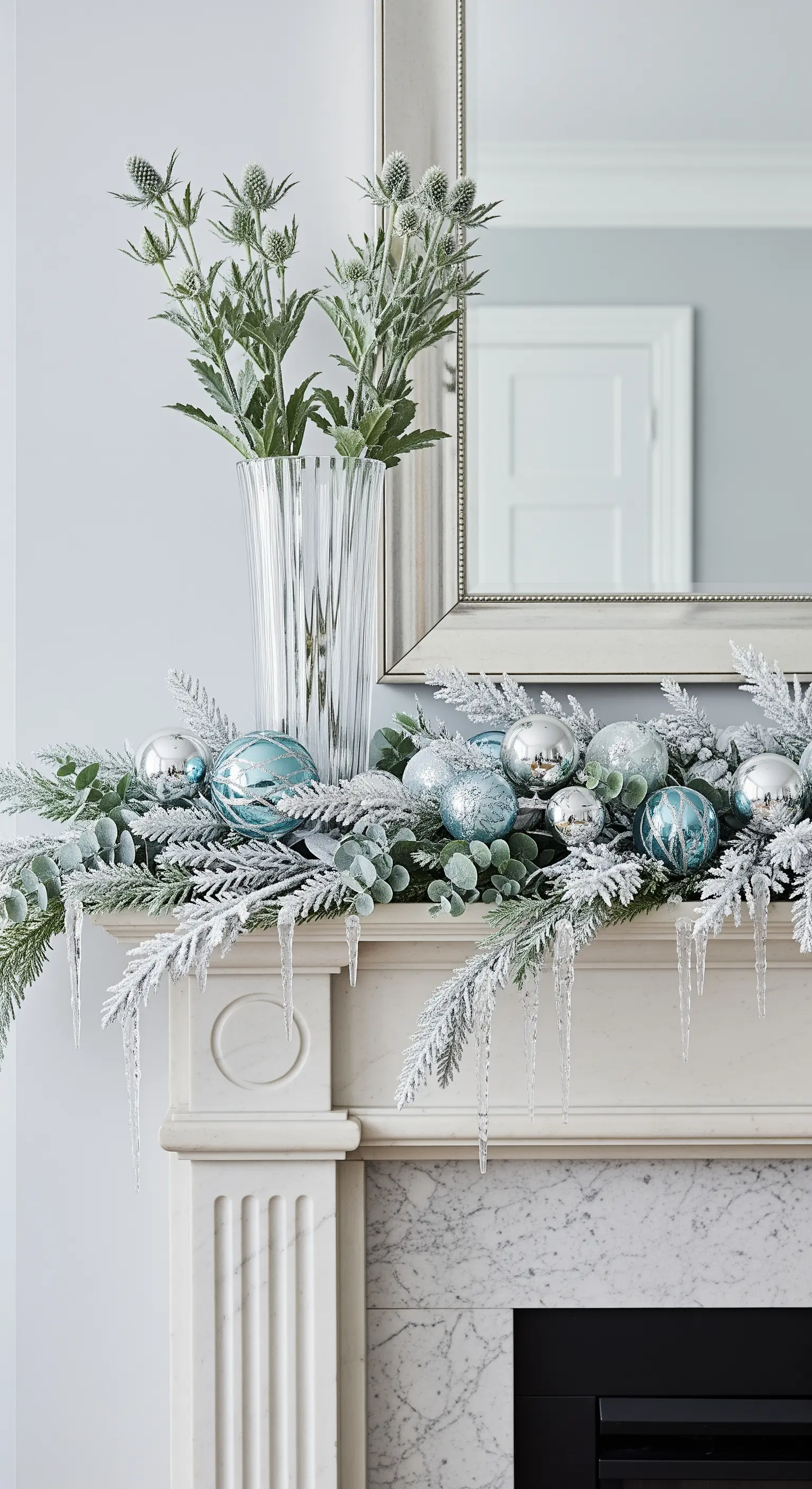 Kaminumrandung mit gefrosteter Girlande und blau-silbernen Weihnachtskugeln.