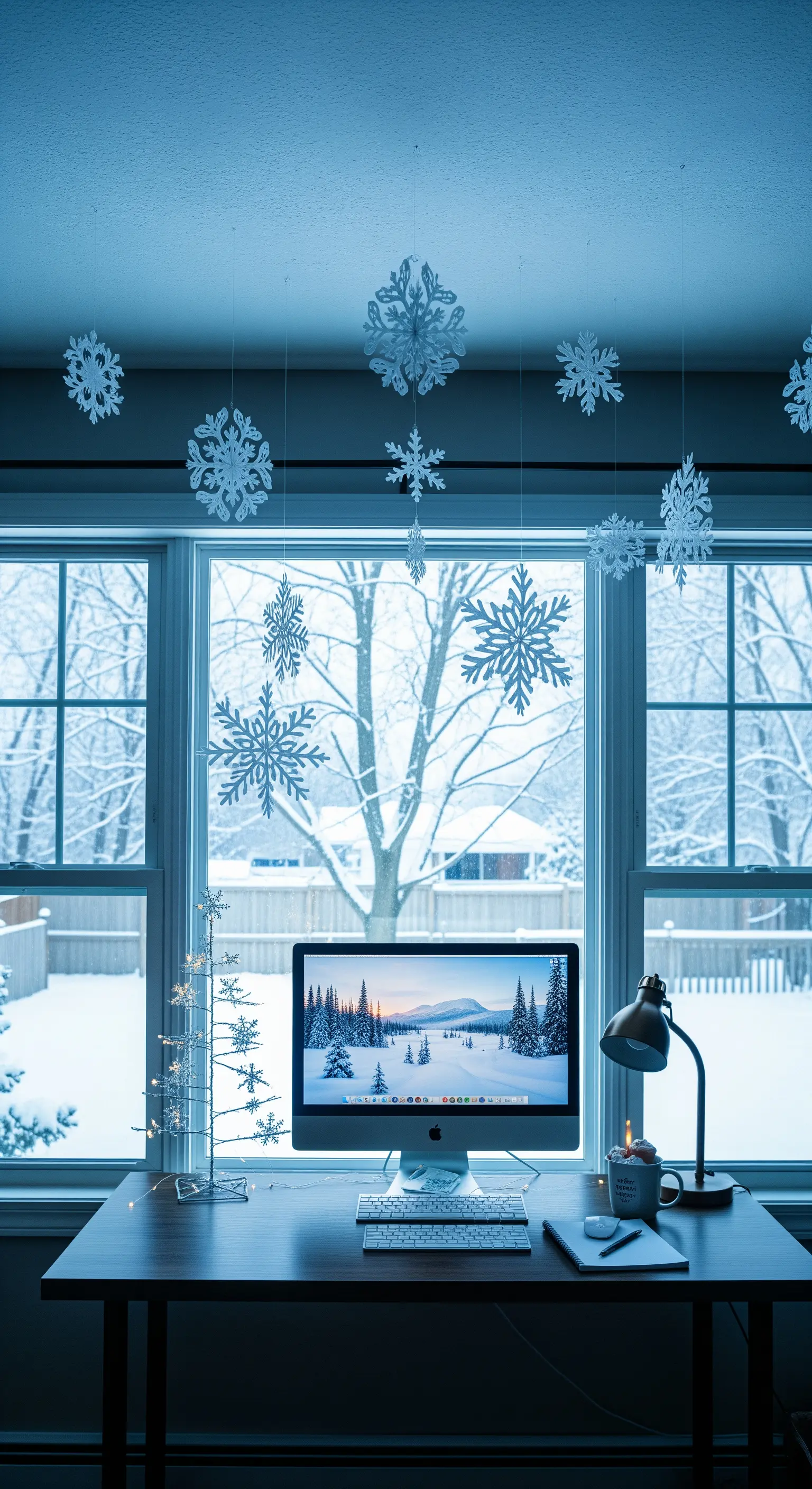 Arbeitsplatz mit Computer vor einem Fenster, das mit Schneeflocken dekoriert ist