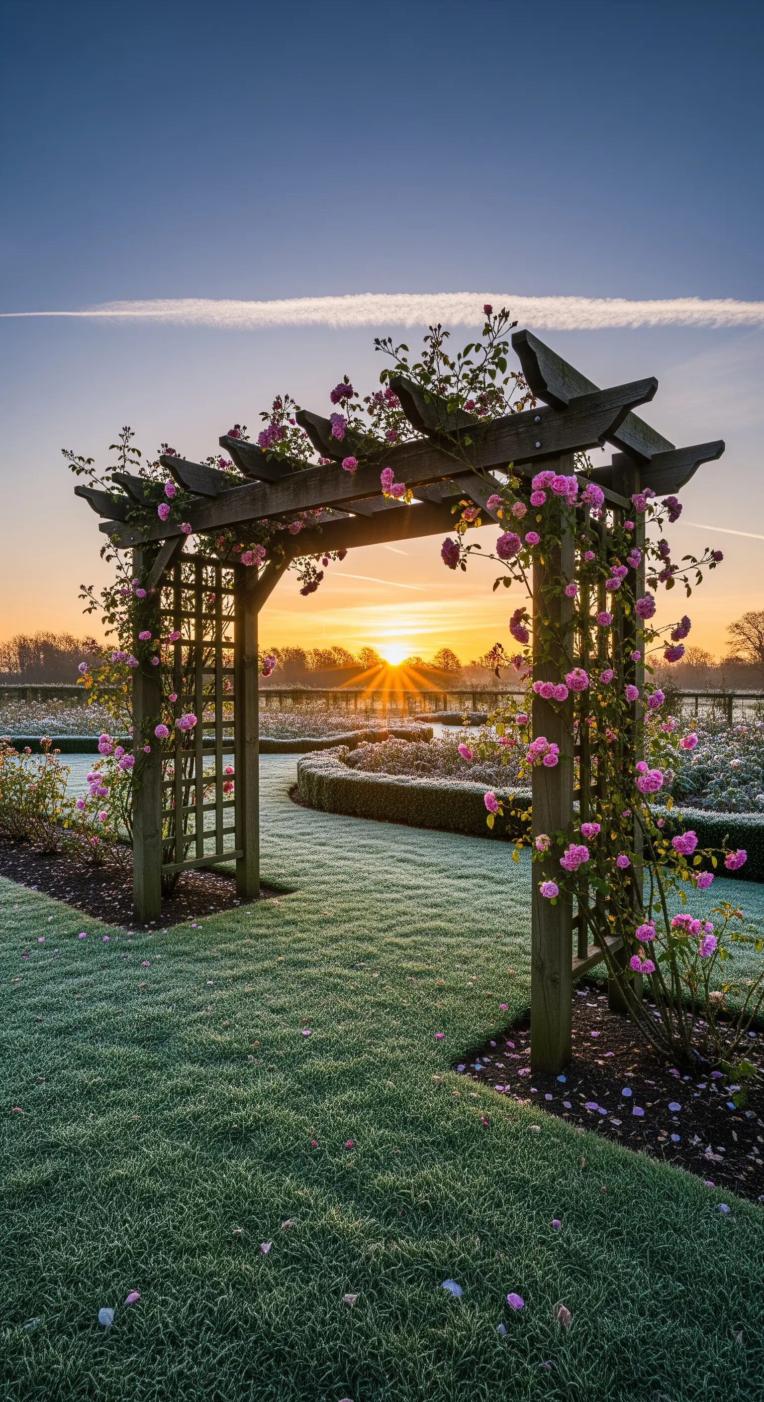 Holzpergola mit rosa Kletterrosen und Spalier über einem frostigen Rasen im Sonnenaufgang