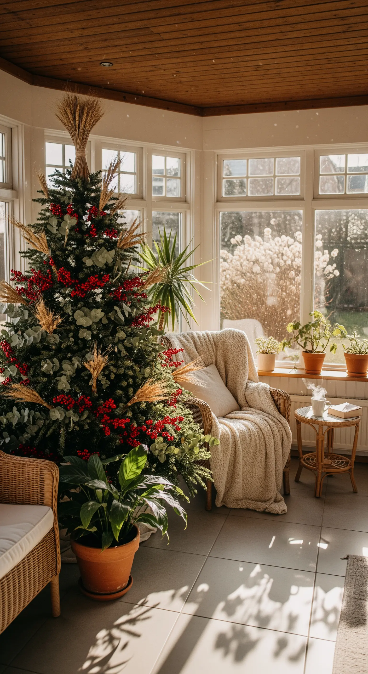Weihnachtsbaum mit roten Beeren und goldenen Getreideähren, im Wintergarten.