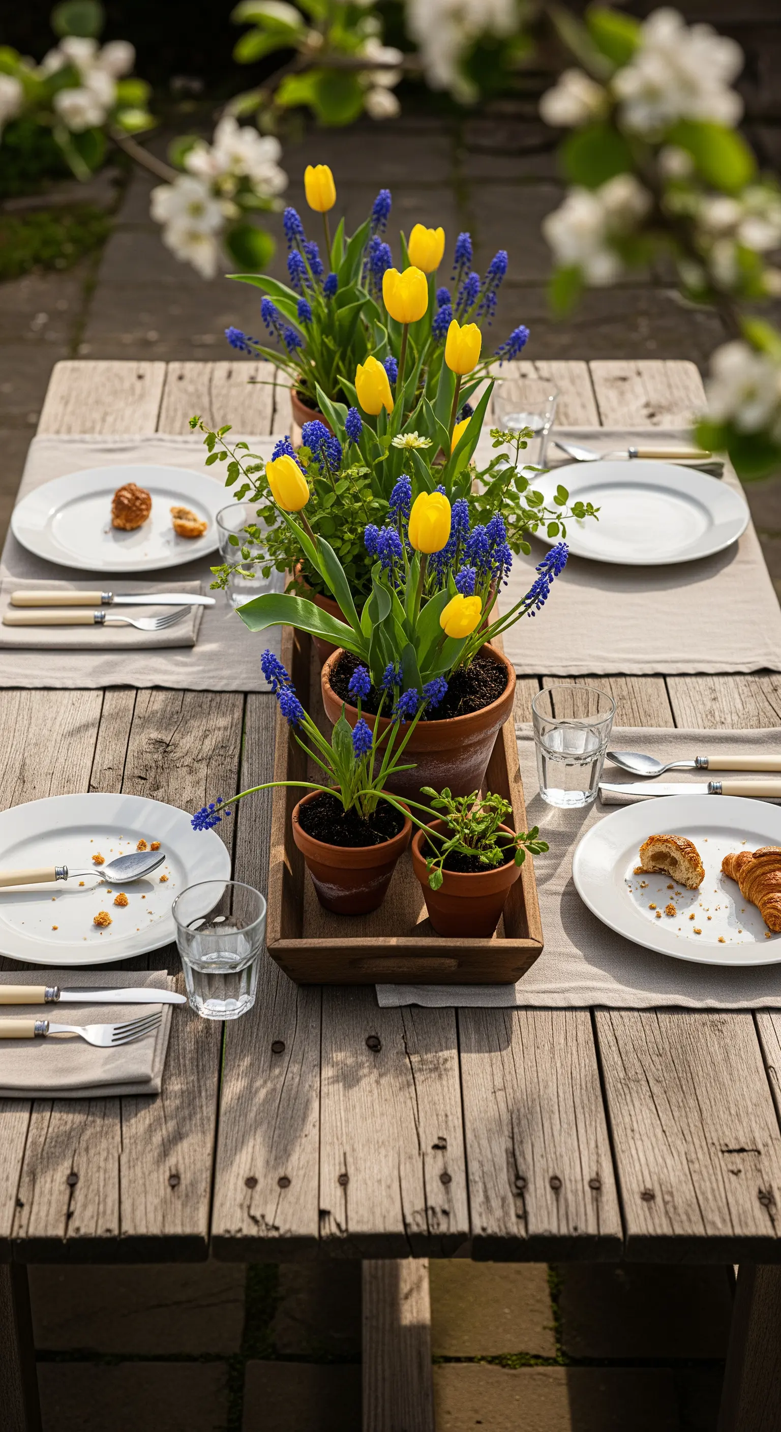 Frühlingshaftes Centerpiece mit bunten Zwiebelblumen in Terrakotta-Töpfen