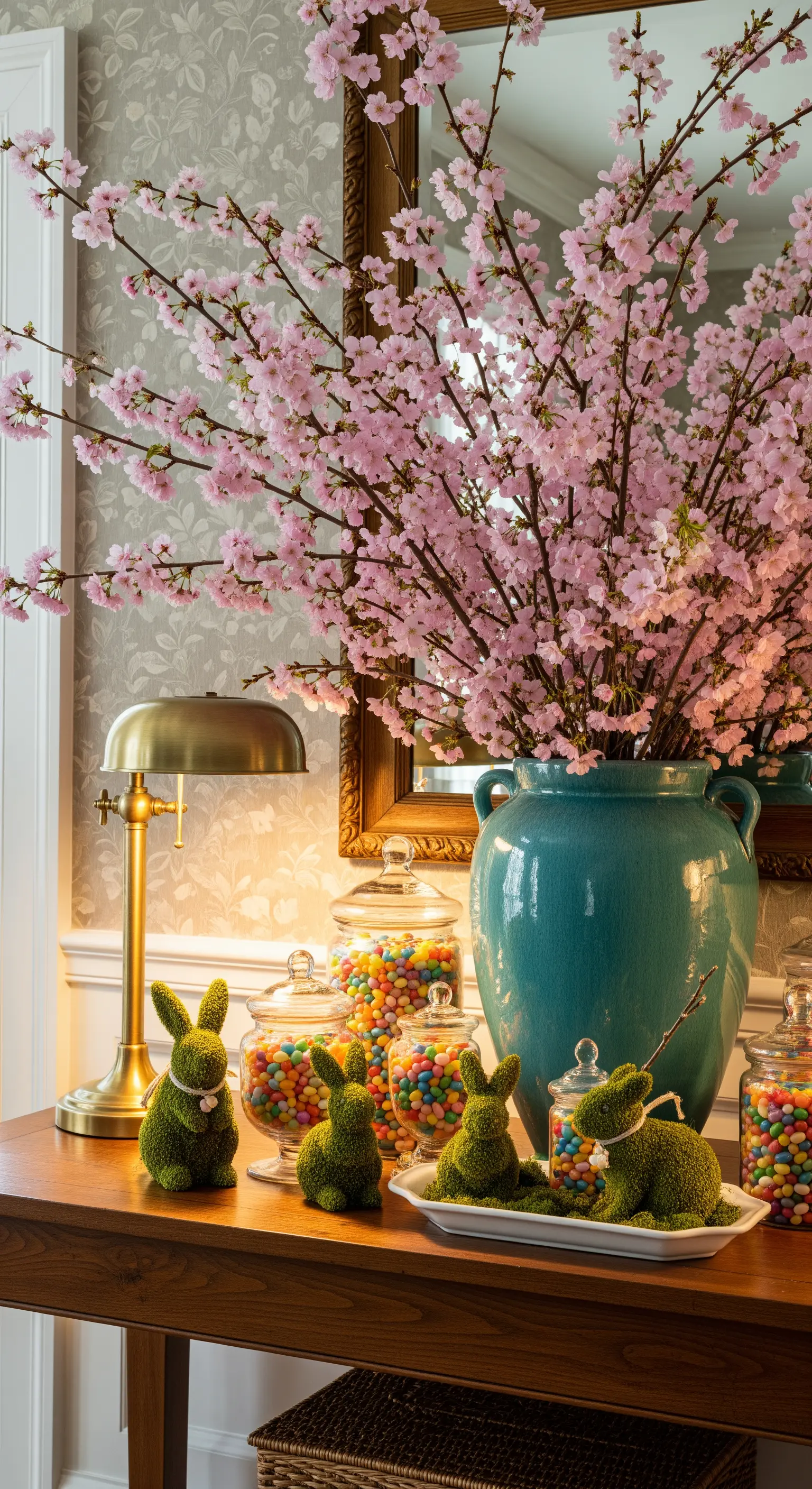 Konsole mit Kirschblüten in türkiser Vase, Bonbon-Gläsern, Moos-Hasen, goldener Lampe.