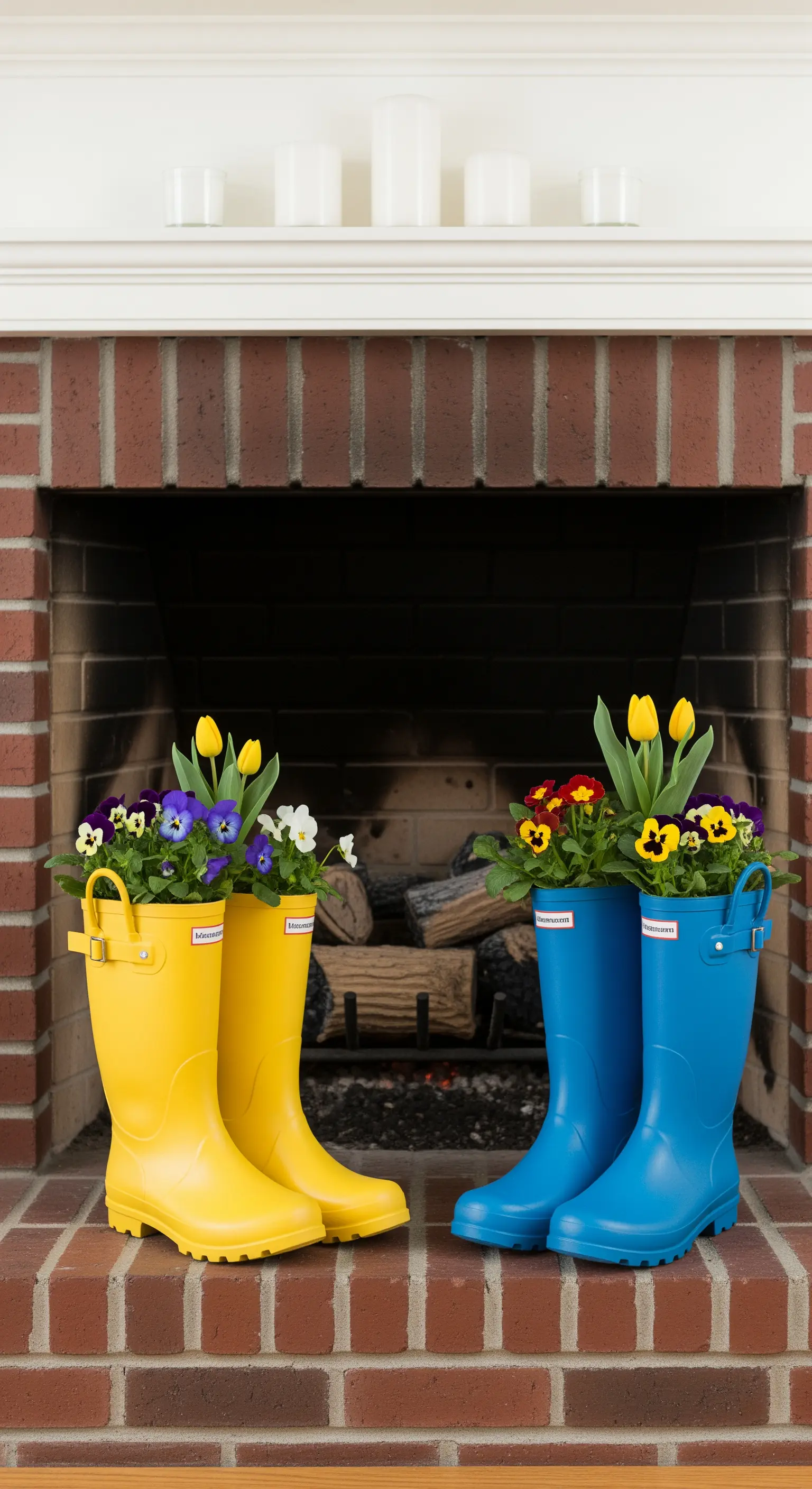 Bunte Gummistiefel, bepflanzt mit Frühlingsblumen, vor dem Kamin.