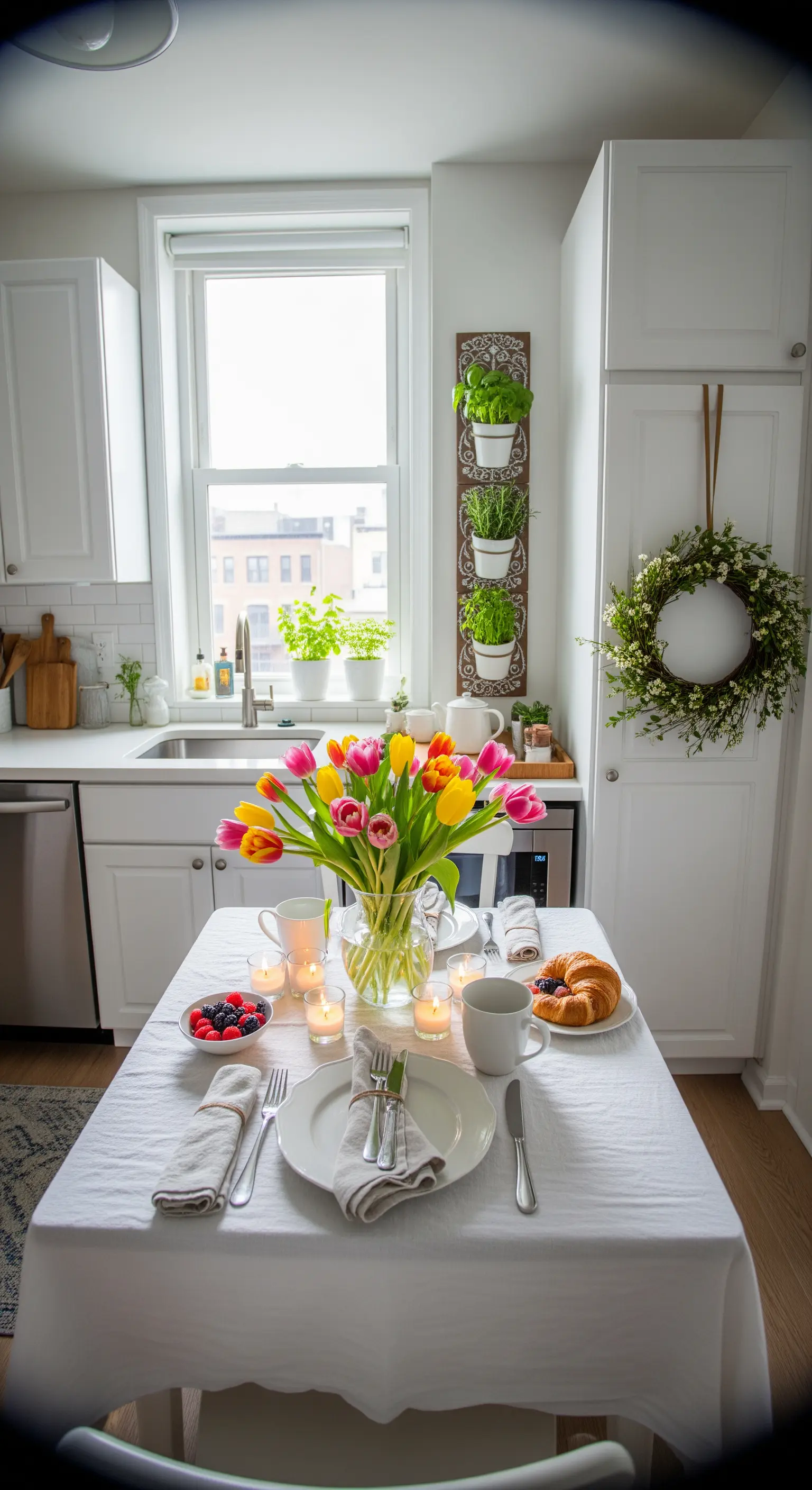Frühlingsbrunch-Tisch mit bunten Tulpen, Kerzen, Kräutern und einem Kranz